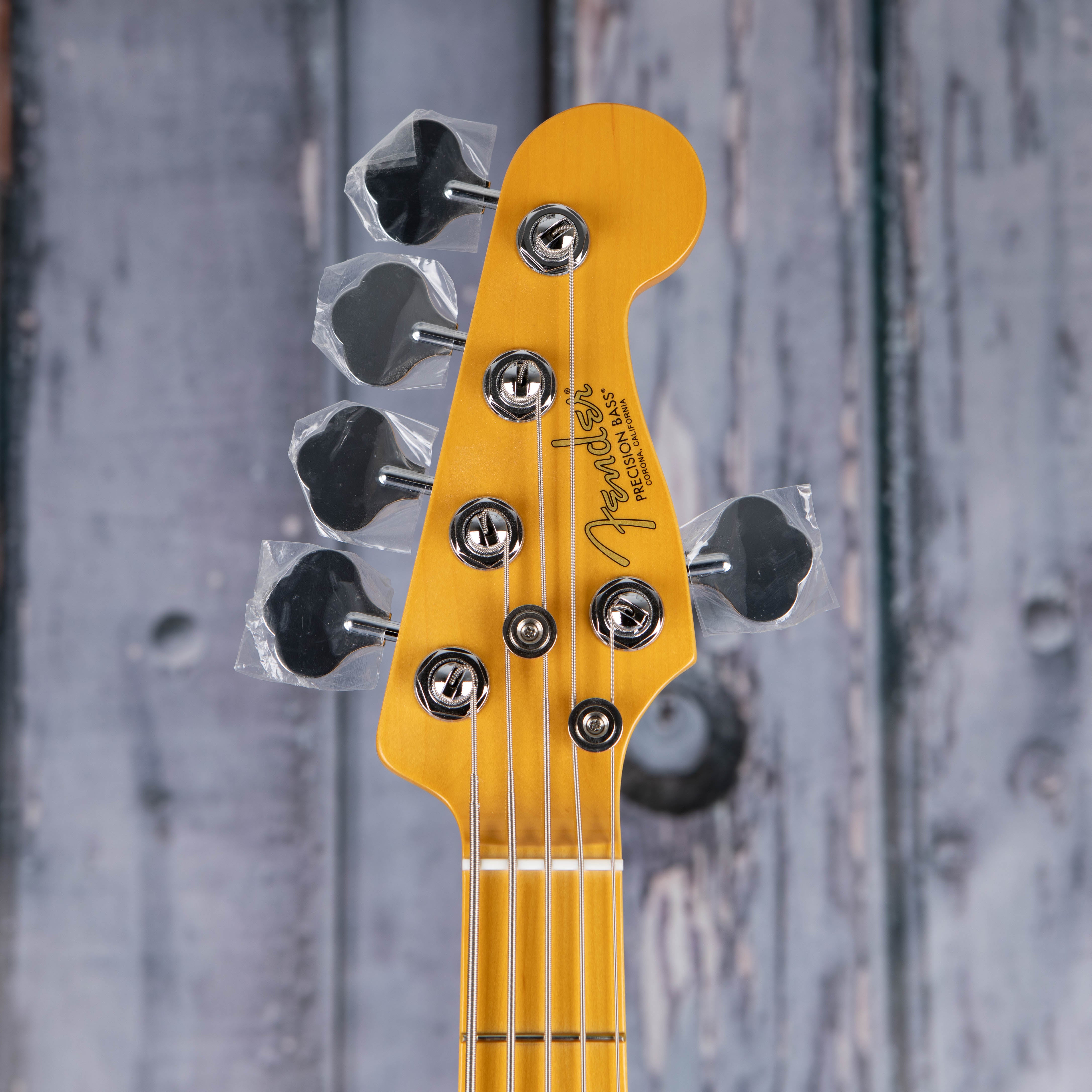 Fender American Professional II Precision Bass V 5-String Bass Guitar, Miami Blue, front headstock