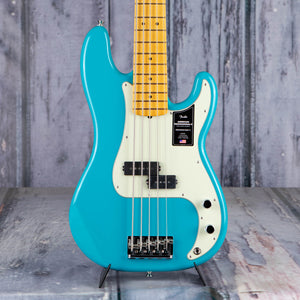 Fender American Professional II Precision Bass V 5-String Bass Guitar, Miami Blue, front closeup
