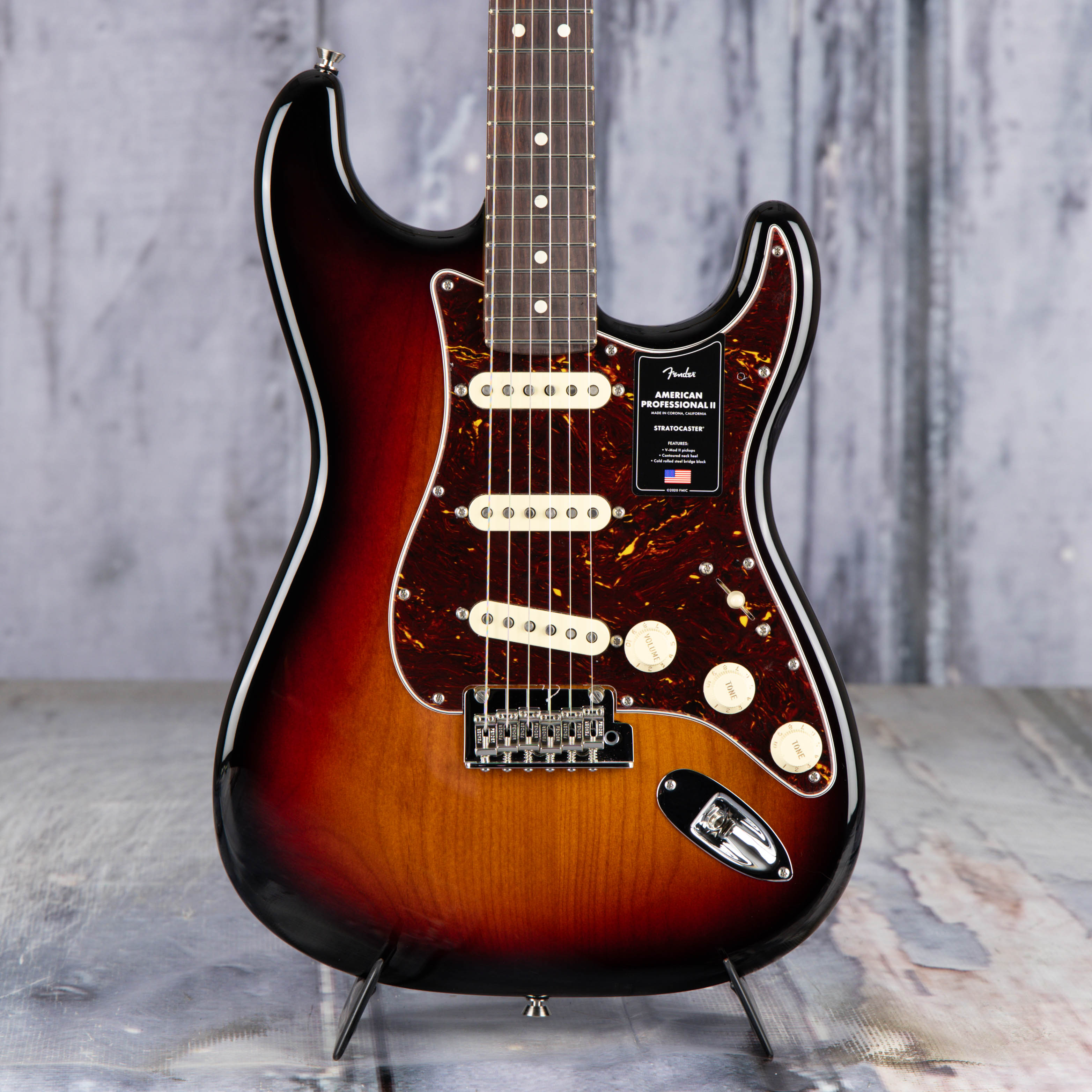 Fender American Professional II Stratocaster Electric Guitar, 3-Color Sunburst, front closeup
