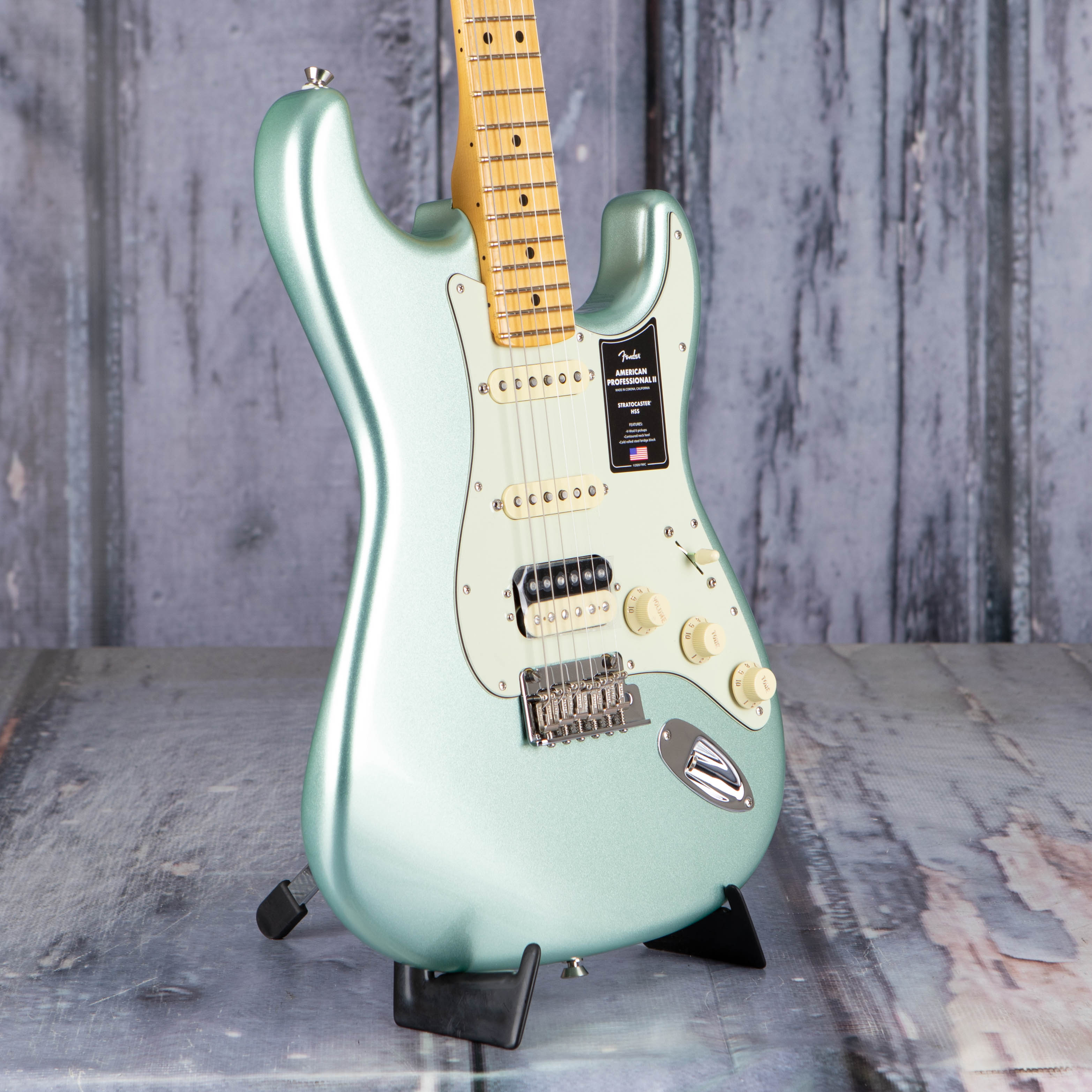 Fender American Professional II Stratocaster Electric Guitar, HSS, Mystic Surf Green, angle