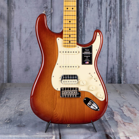 Fender American Professional II Stratocaster Electric Guitar, HSS, Sienna Sunburst, front closeup