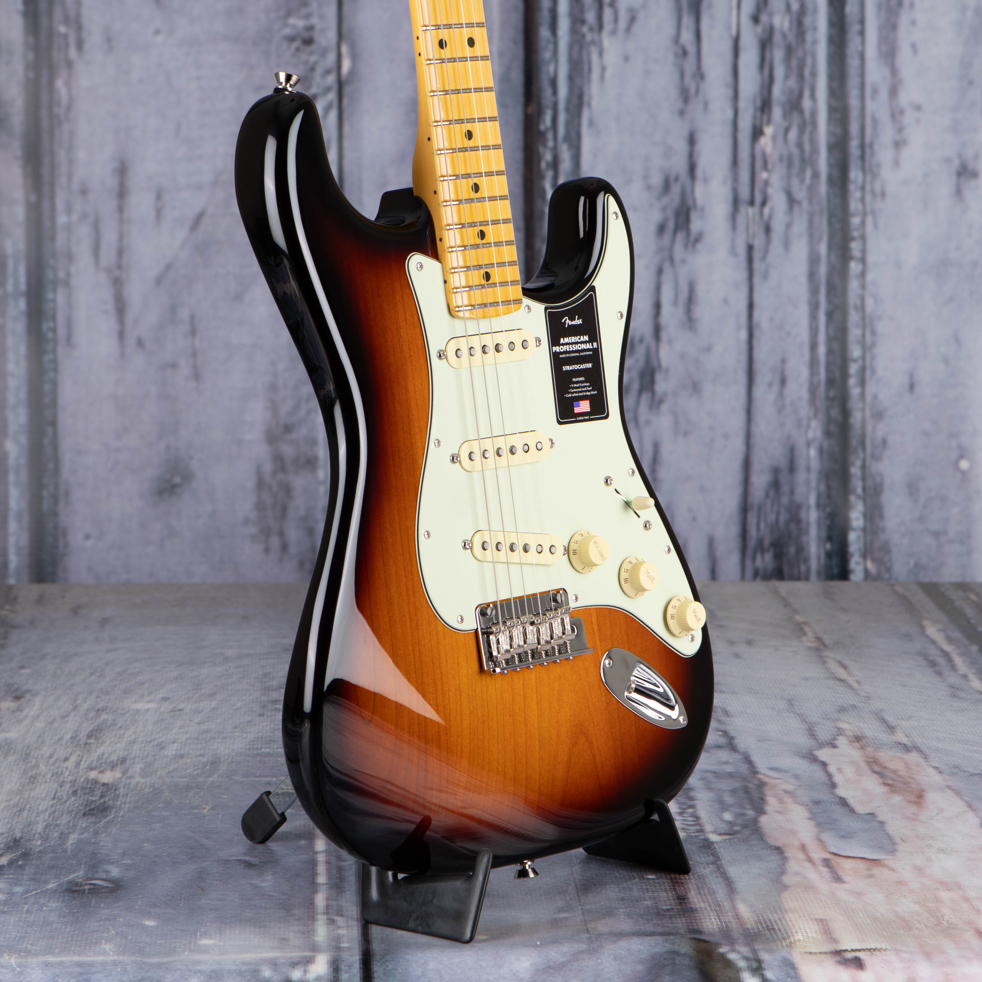 Fender American Professional II Stratocaster Electric Guitar, Maple Fingerboard, Anniversary 2-Color Sunburst, angle