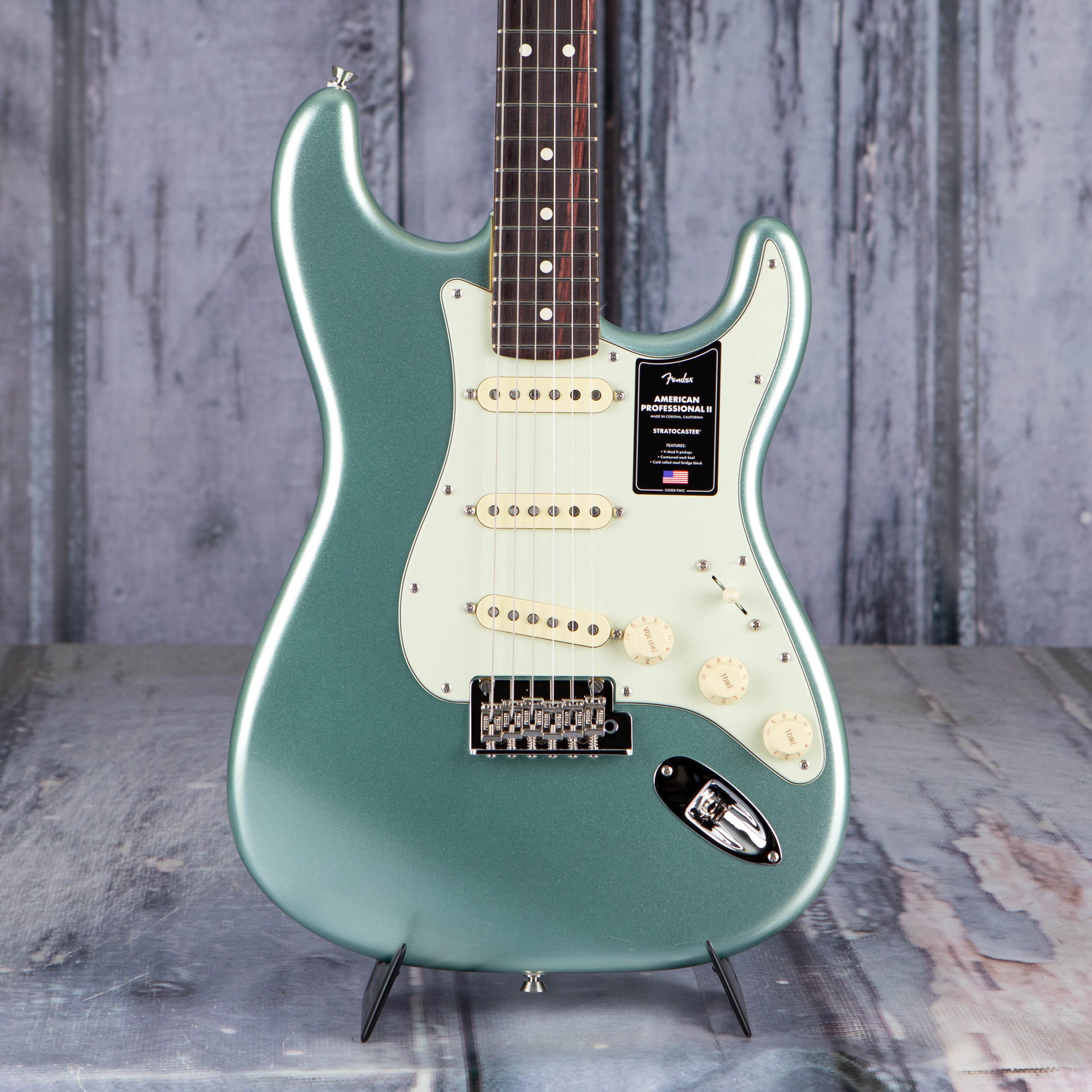 Fender American Professional II Stratocaster Electric Guitar, Mystic Surf Green, front closeup
