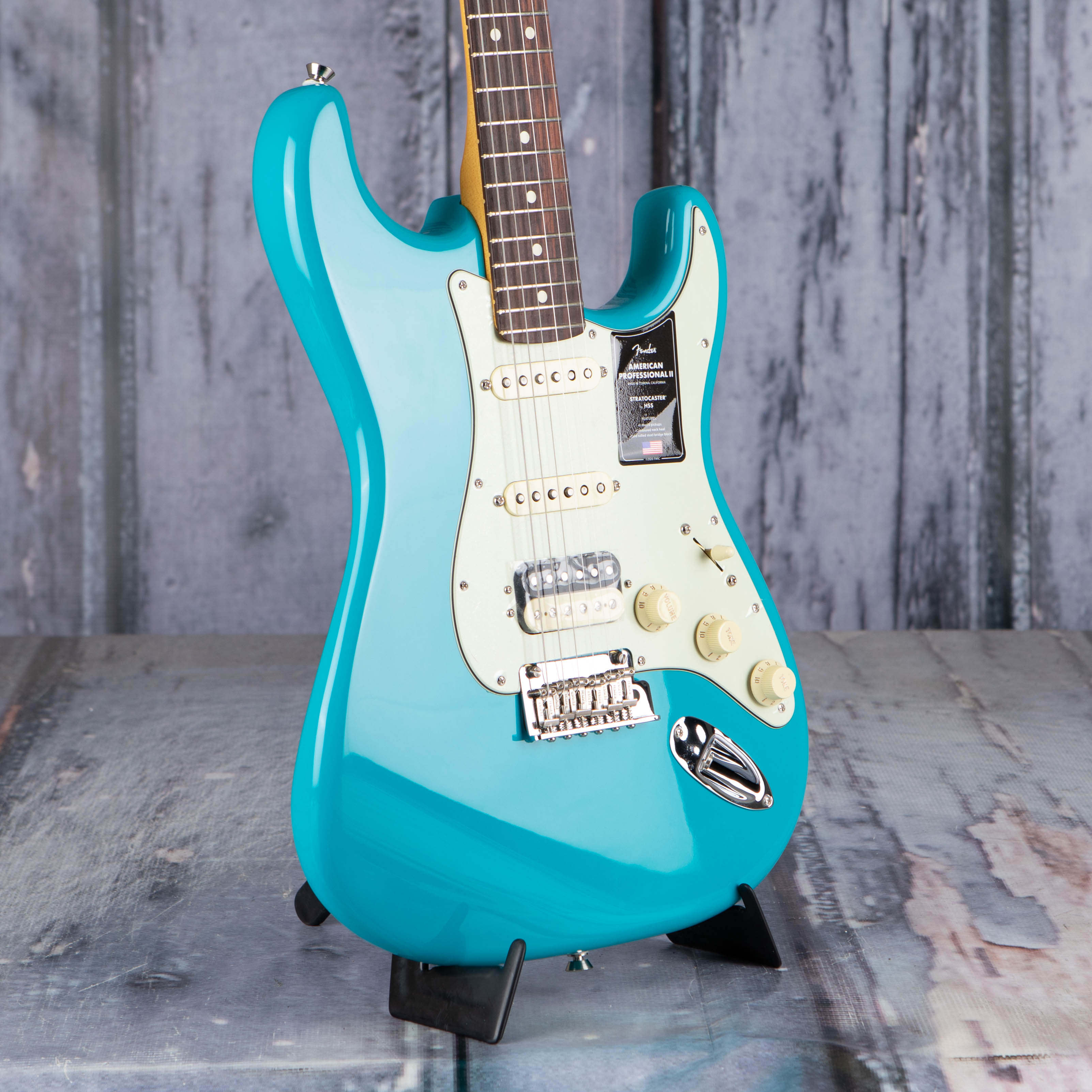 Fender American Professional II Stratocaster HSS Electric Guitar, Miami Blue, angle