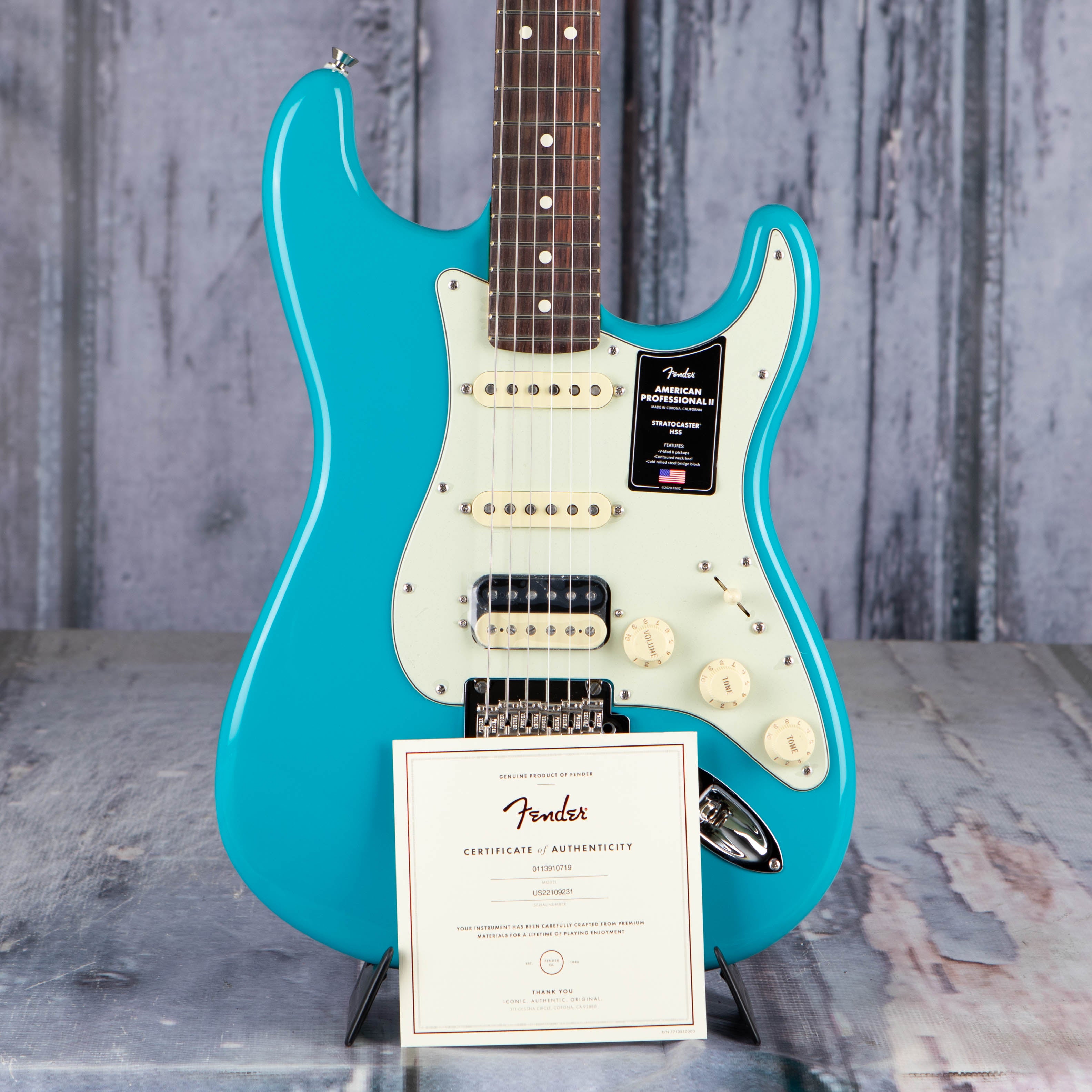 Fender American Professional II Stratocaster HSS Electric Guitar, Miami Blue, coa