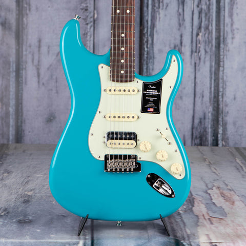 Fender American Professional II Stratocaster HSS Electric Guitar, Miami Blue, front closeup