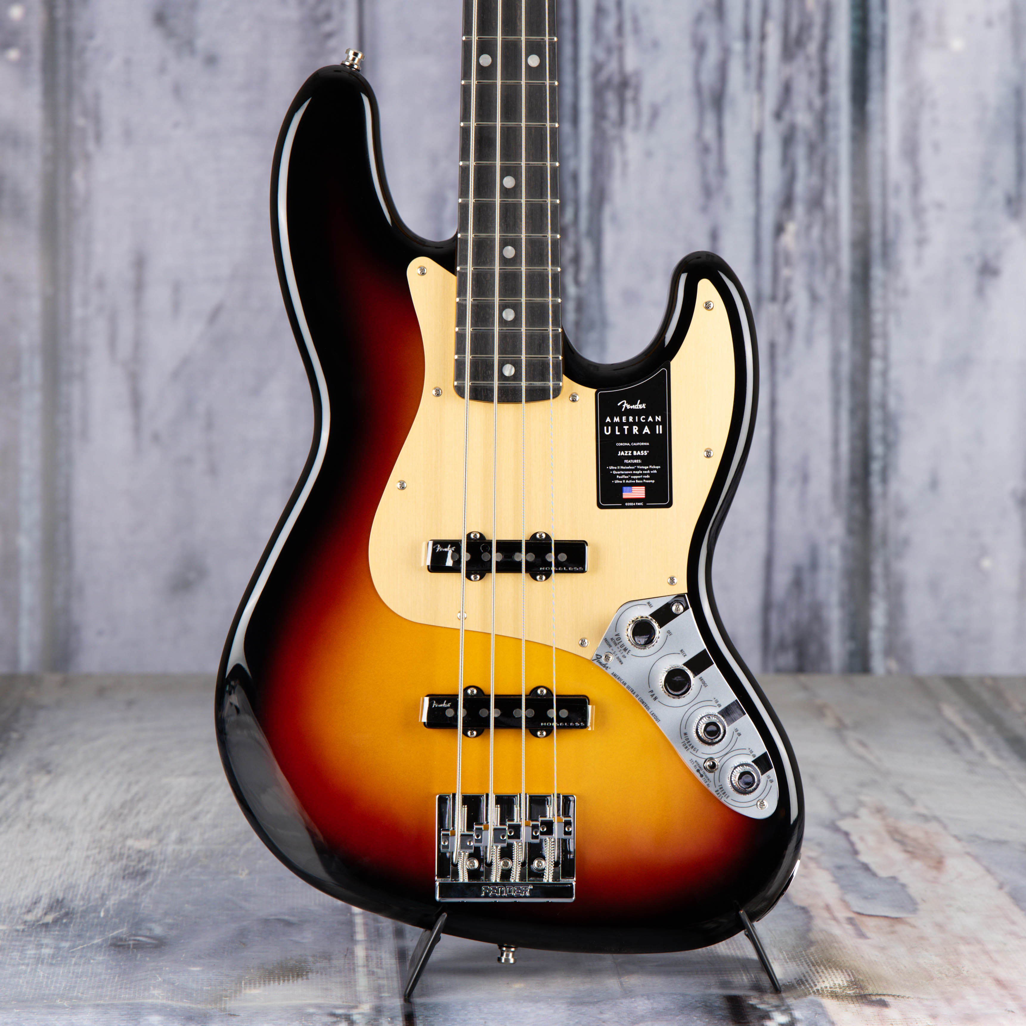 Fender American Ultra II Jazz Bass Guitar, Ultraburst, front closeup