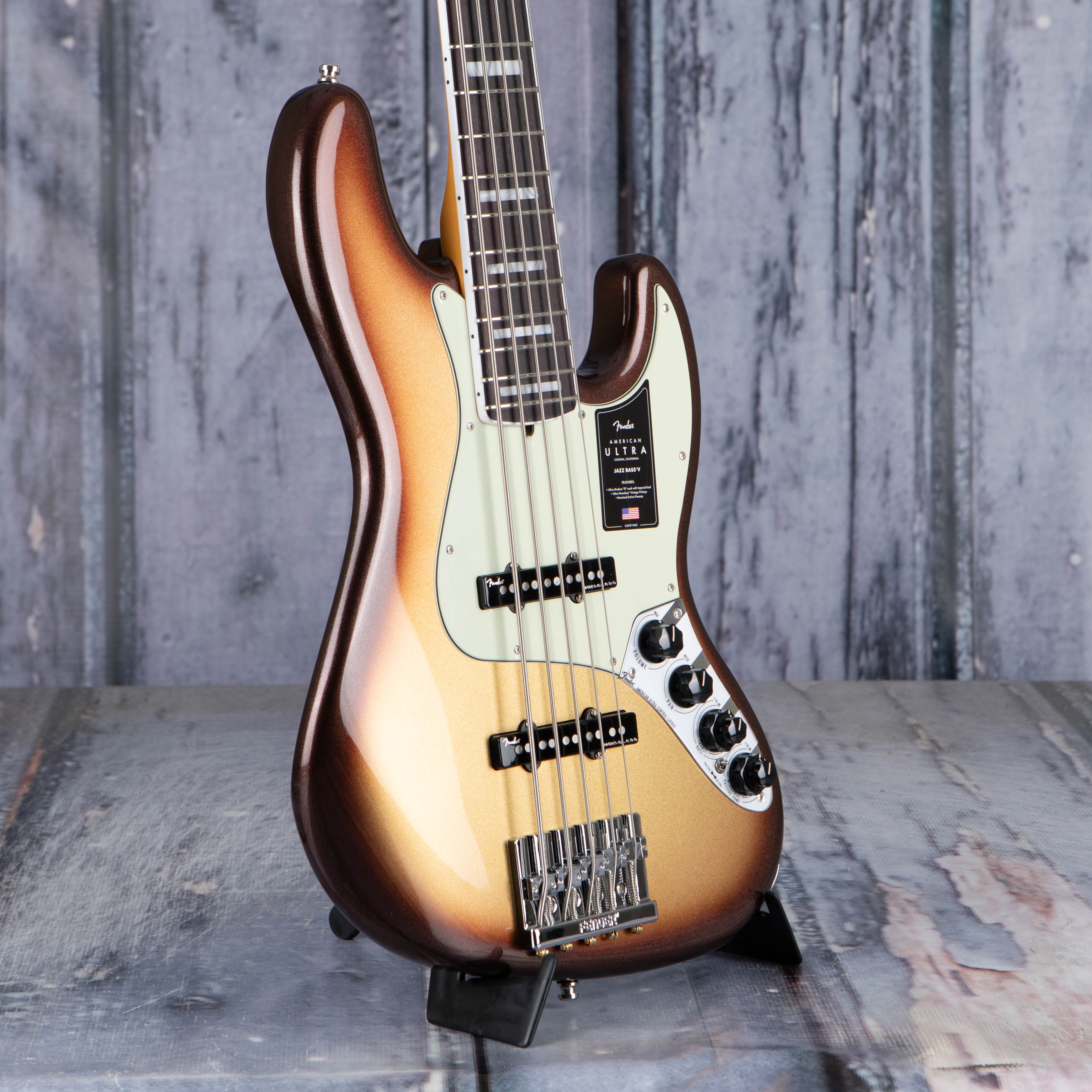 Fender American Ultra Jazz Bass V 5-String Bass Guitar, Rosewood Fingerboard, Mocha Burst, angle