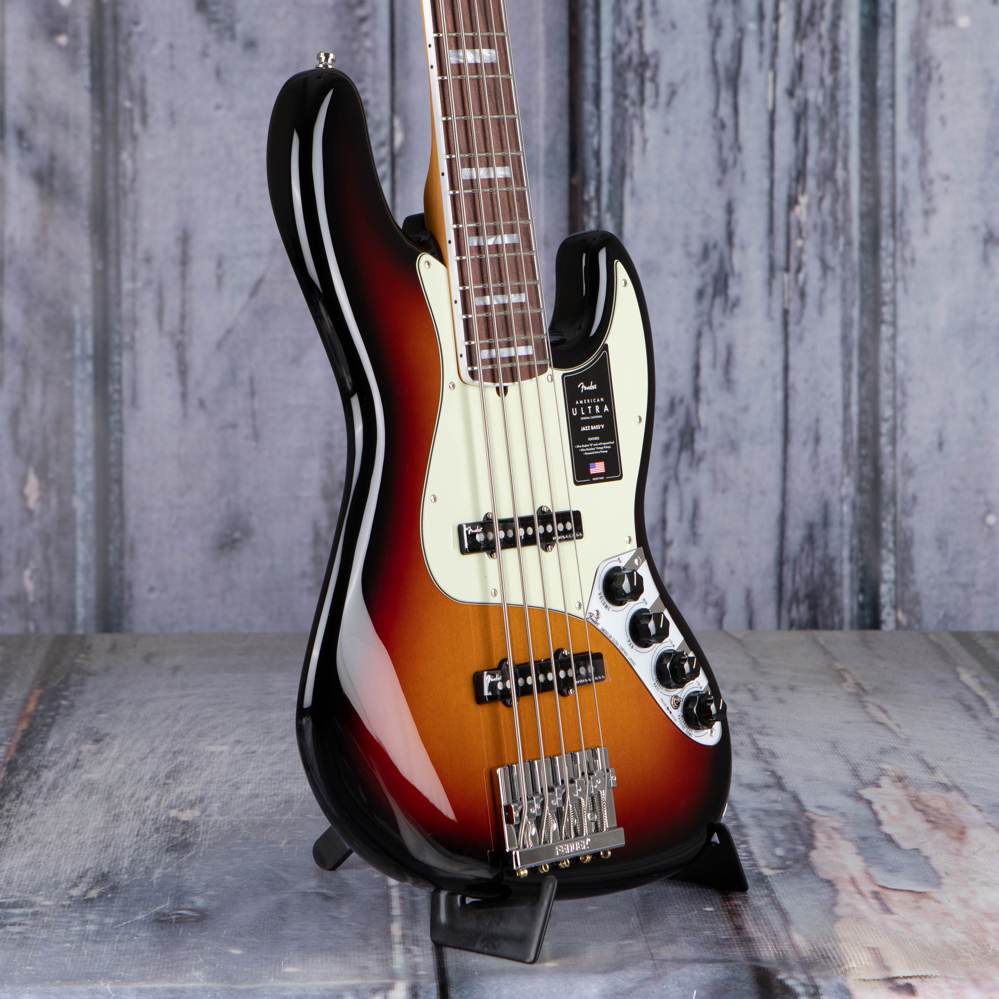 Fender American Ultra Jazz Bass V 5-String Bass Guitar, Rosewood Fingerboard, Ultraburst, angle