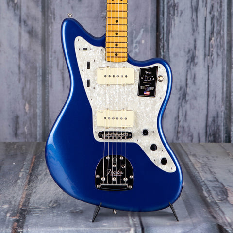 Fender American Ultra Jazzmaster Electric Guitar, Maple Fingerboard, Cobra Blue, front closeup