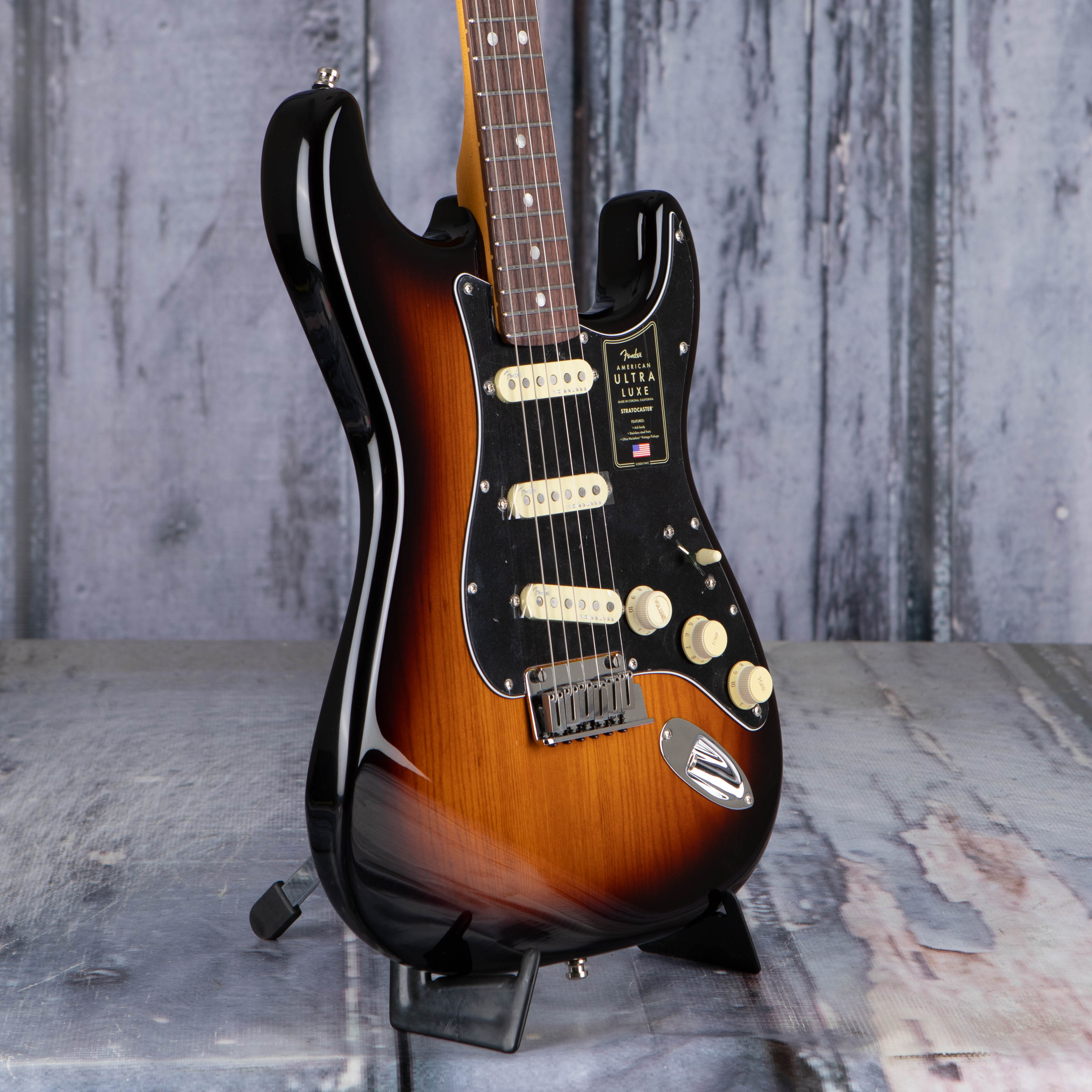 Fender American Ultra Luxe Stratocaster Electric Guitar, Rosewood Fingerboard, 2-Color Sunburst, angle