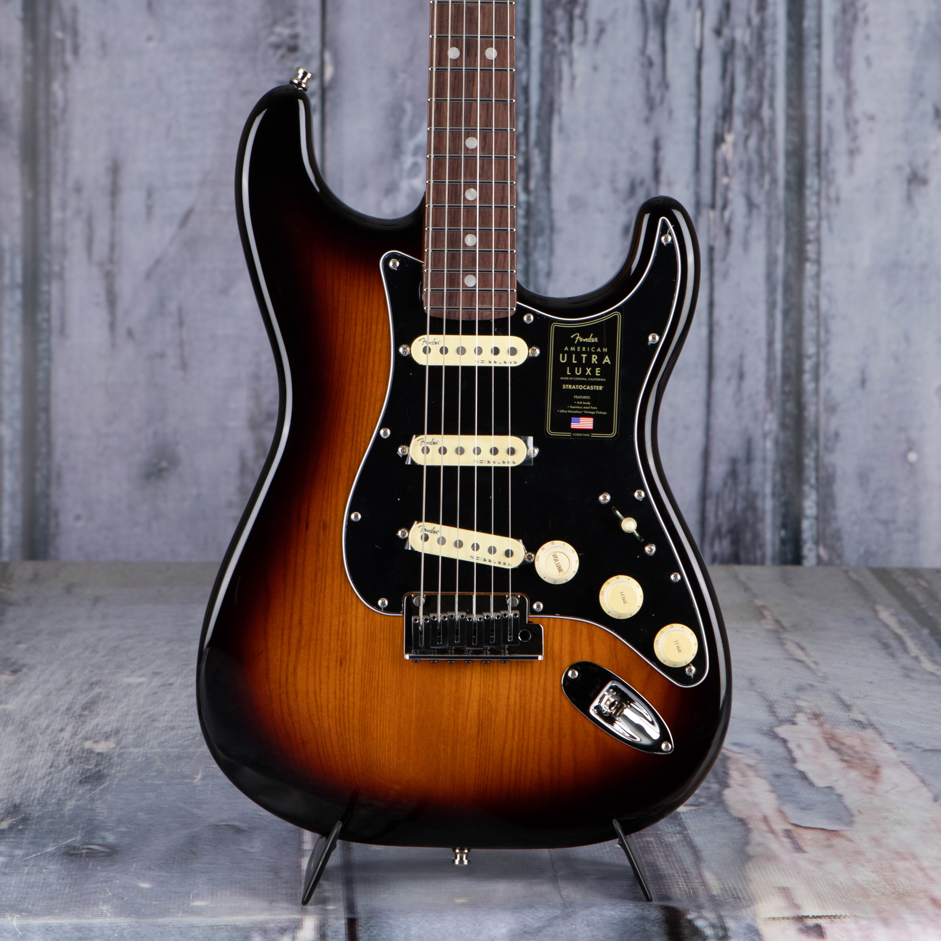Fender American Ultra Luxe Stratocaster Electric Guitar, Rosewood Fingerboard, 2-Color Sunburst, front closeup