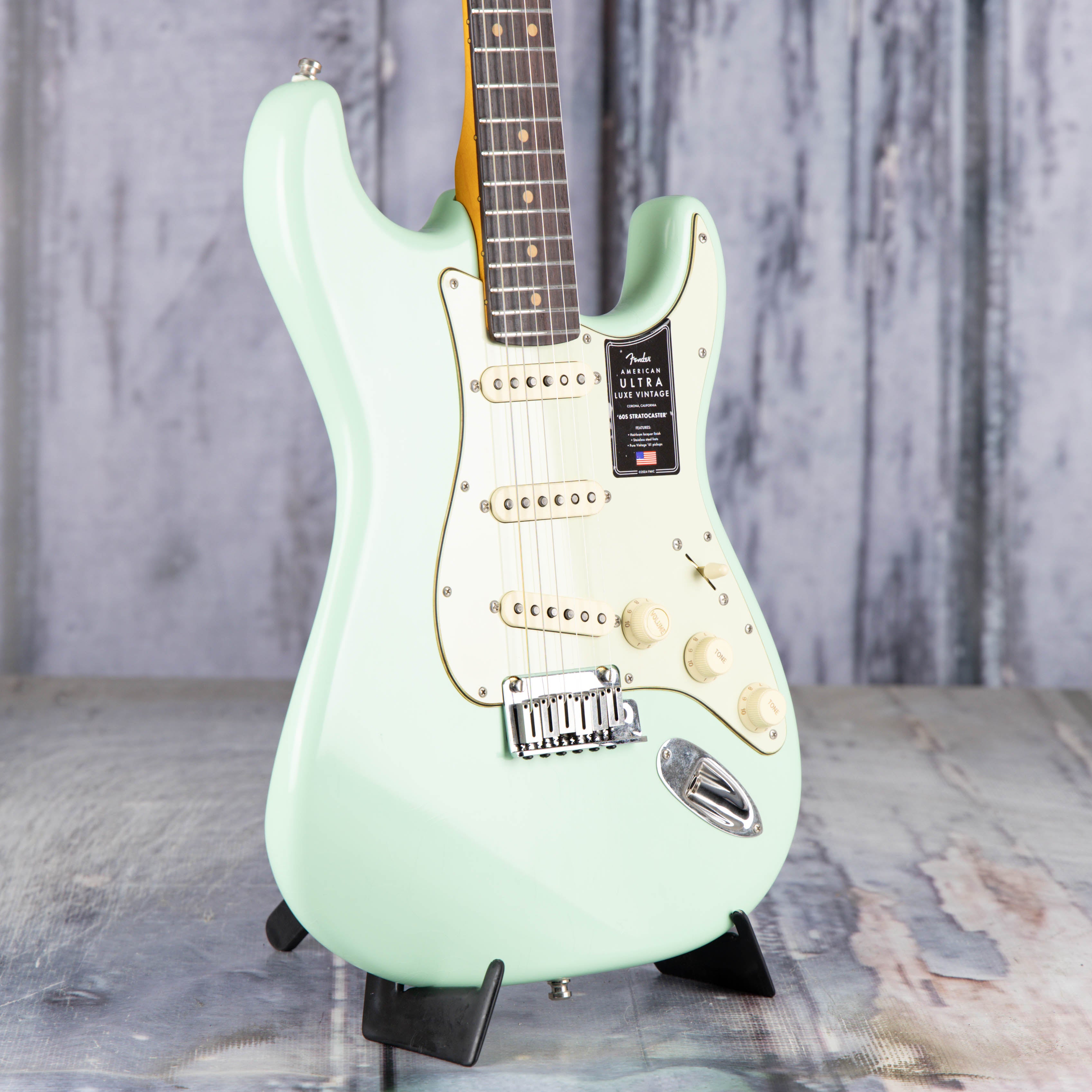 Fender American Ultra Luxe '60s Stratocaster Electric Guitar, Surf Green, angle