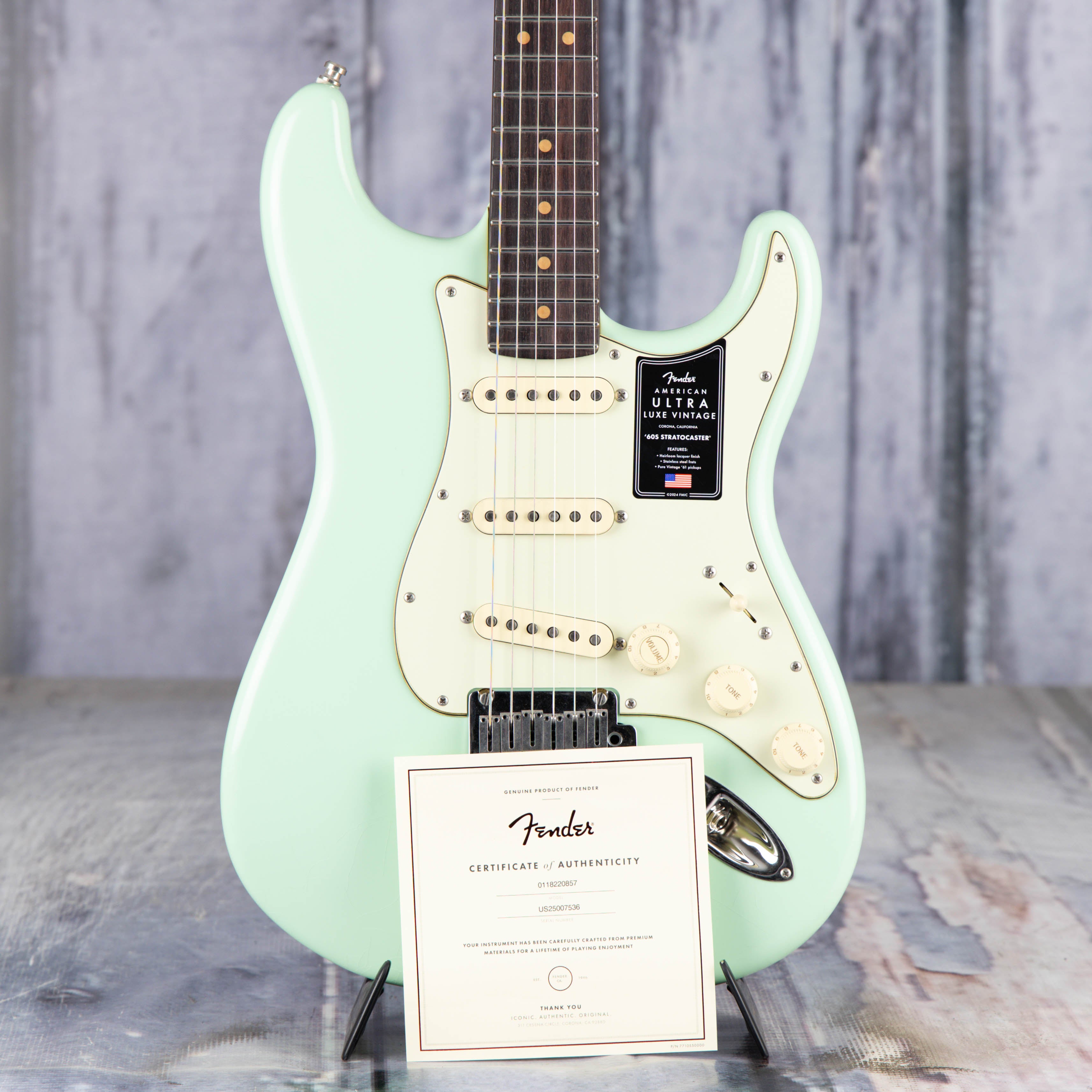 Fender American Ultra Luxe '60s Stratocaster Electric Guitar, Surf Green, coa