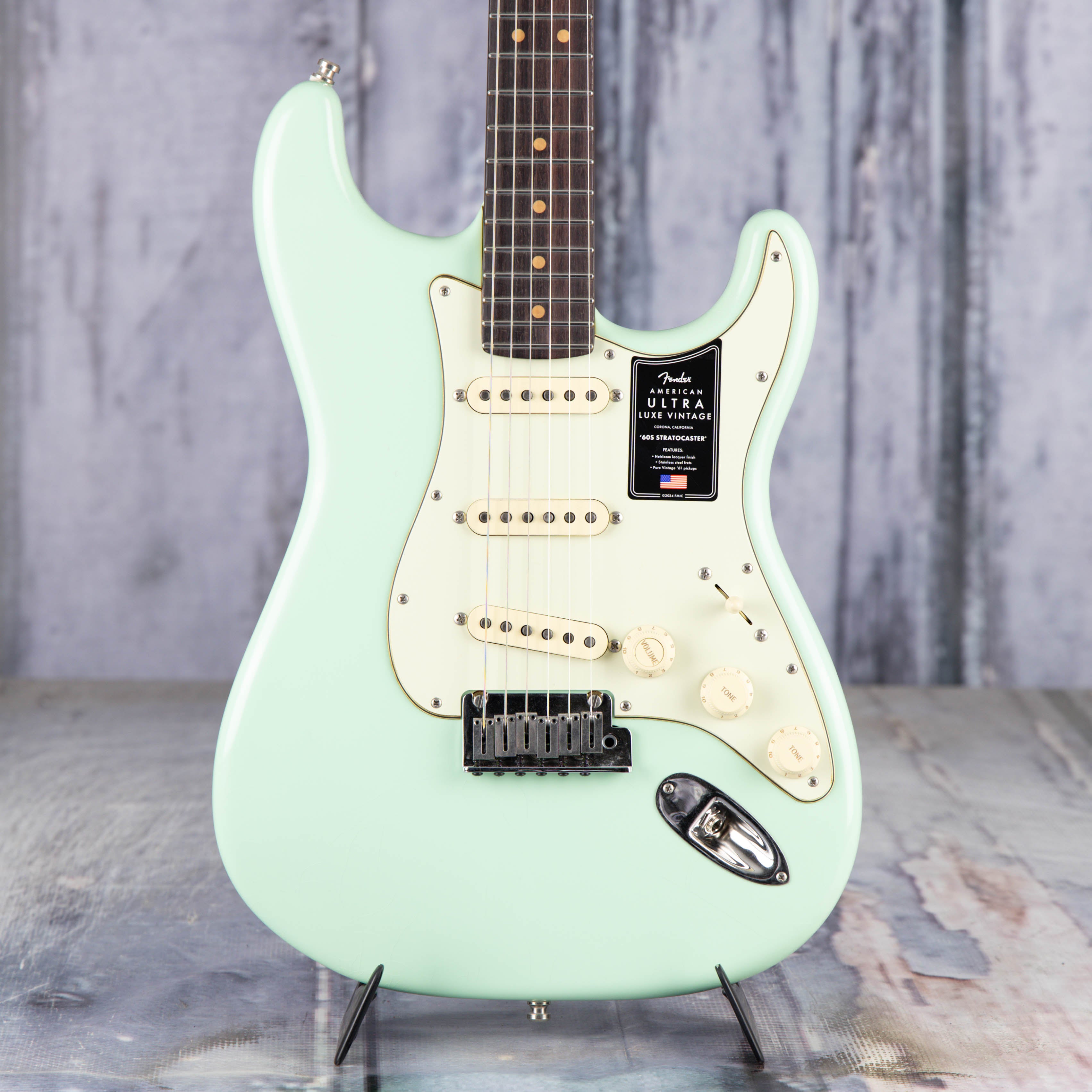 Fender American Ultra Luxe '60s Stratocaster Electric Guitar, Surf Green, front closeup