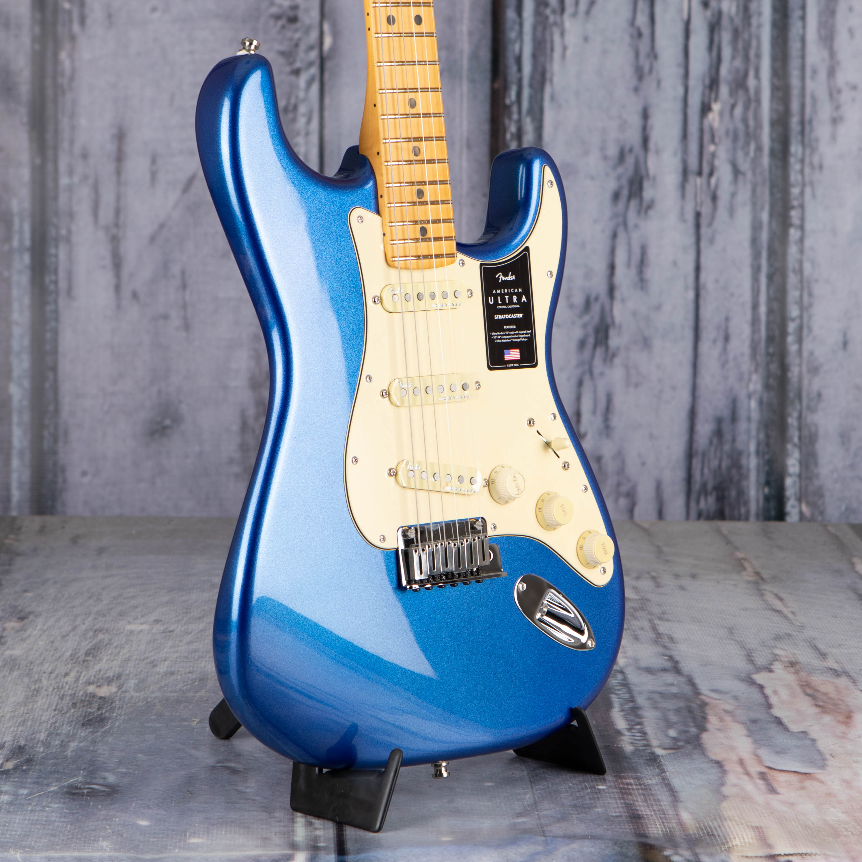Fender American Ultra Stratocaster Electric Guitar, Maple Fingerboard, Cobra Blue, angle