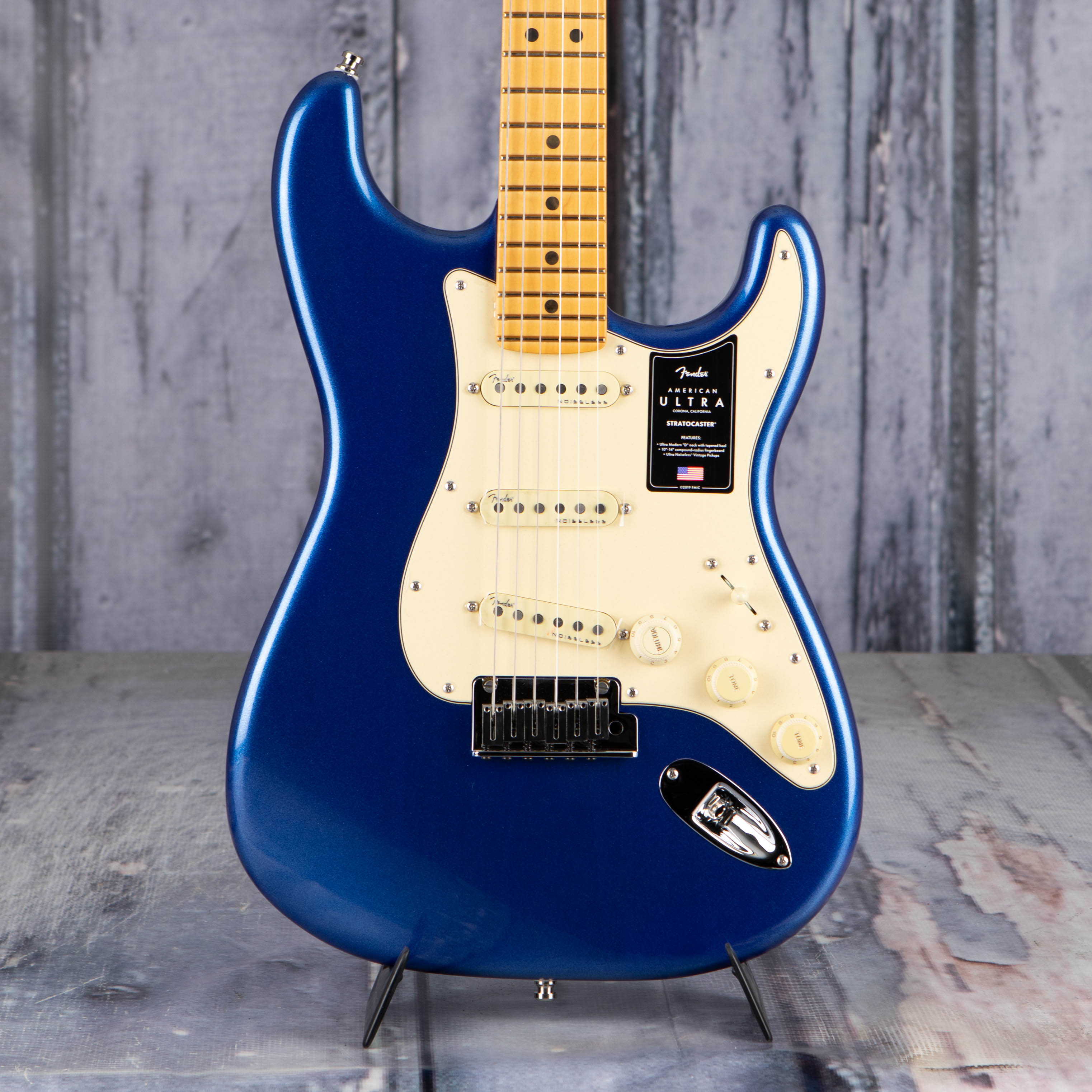 Fender American Ultra Stratocaster Electric Guitar, Maple Fingerboard, Cobra Blue, front closeup
