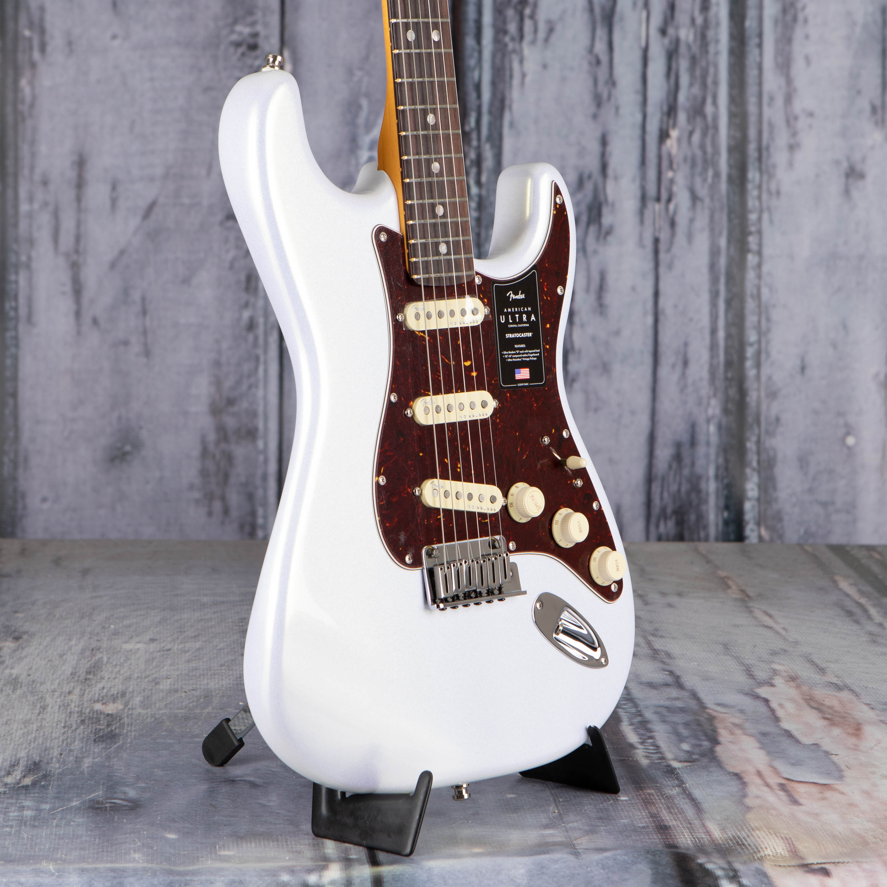 Fender American Ultra Stratocaster Electric Guitar, Rosewood Fingerboard, Arctic Pearl, angle