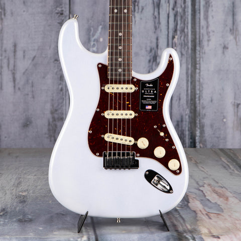 Fender American Ultra Stratocaster Electric Guitar, Rosewood Fingerboard, Arctic Pearl, front closeup