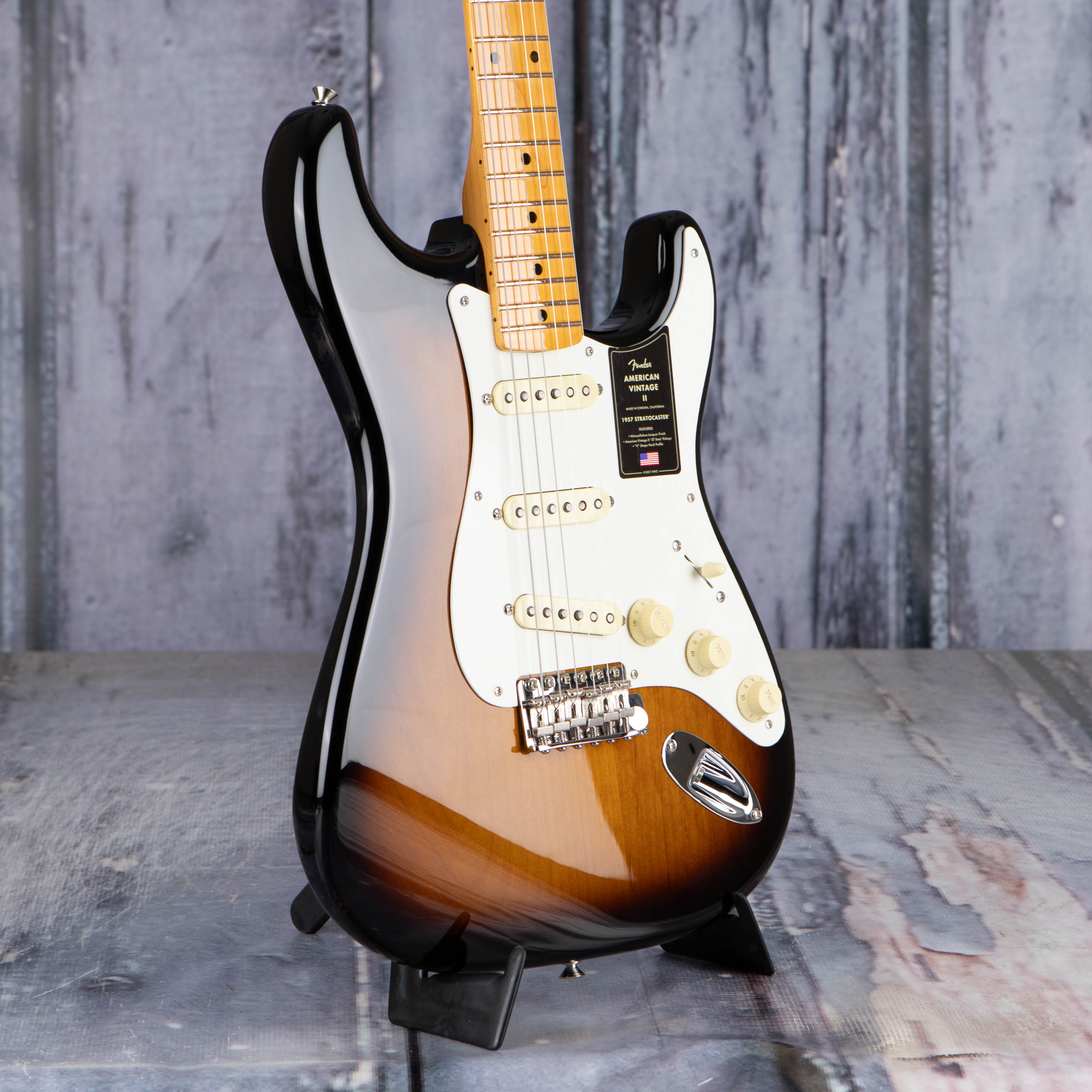 Fender American Vintage II 1957 Stratocaster Electric Guitar, 2-Color Sunburst, angle