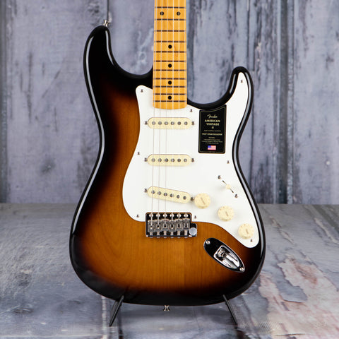 Fender American Vintage II 1957 Stratocaster Electric Guitar, 2-Color Sunburst, front closeup