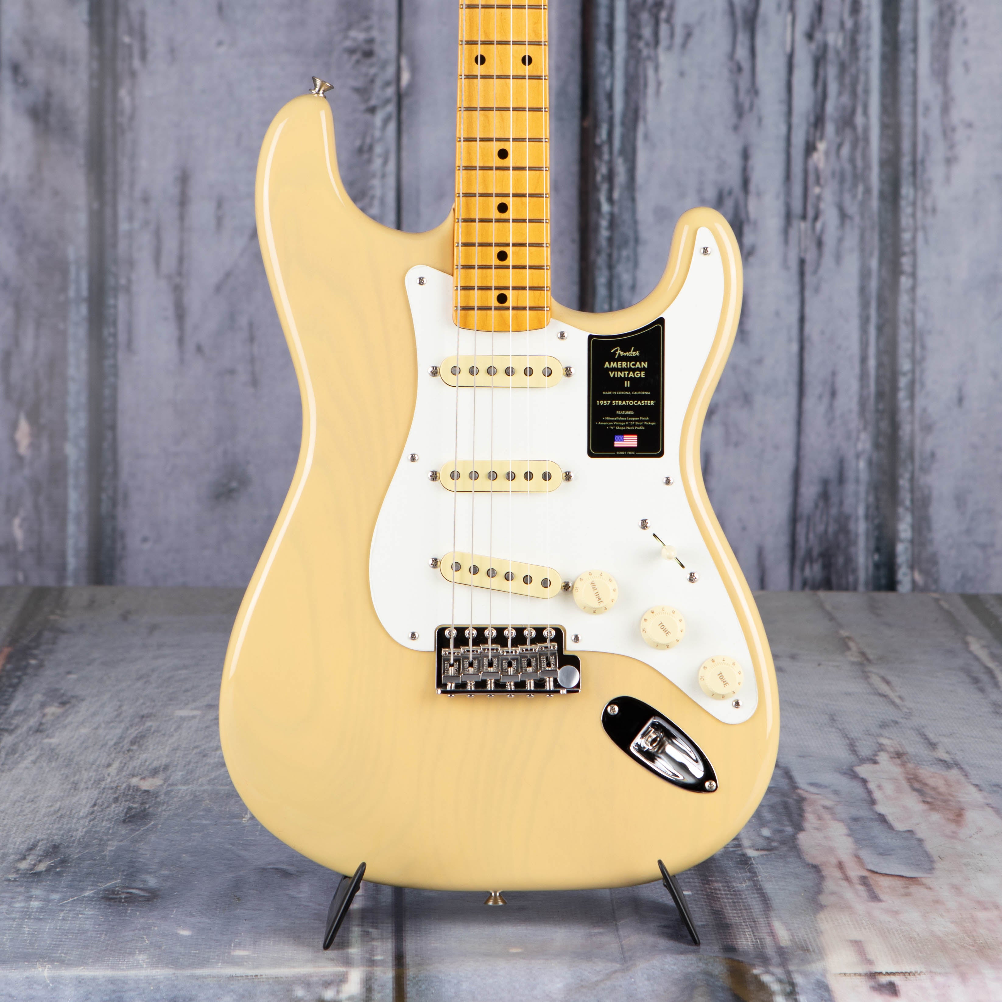 Fender American Vintage II 1957 Stratocaster Electric Guitar, Vintage Blonde, front closeup