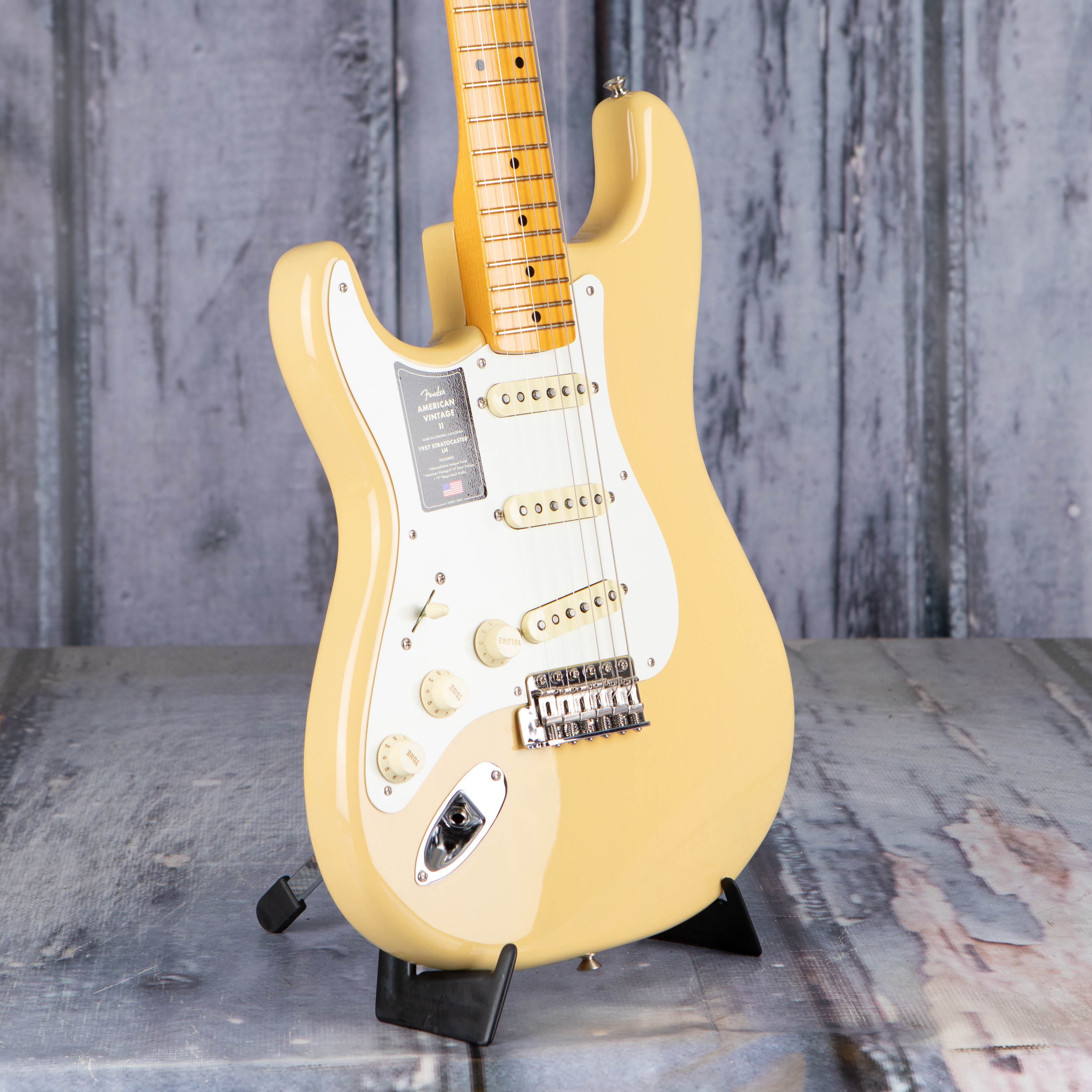 Fender American Vintage II 1957 Stratocaster Left-Handed Electric Guitar, Vintage Blonde, angle