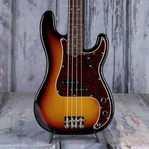 Fender American Vintage II 1960 Precision Bass Guitar, 3-Color Sunburst, front closeup