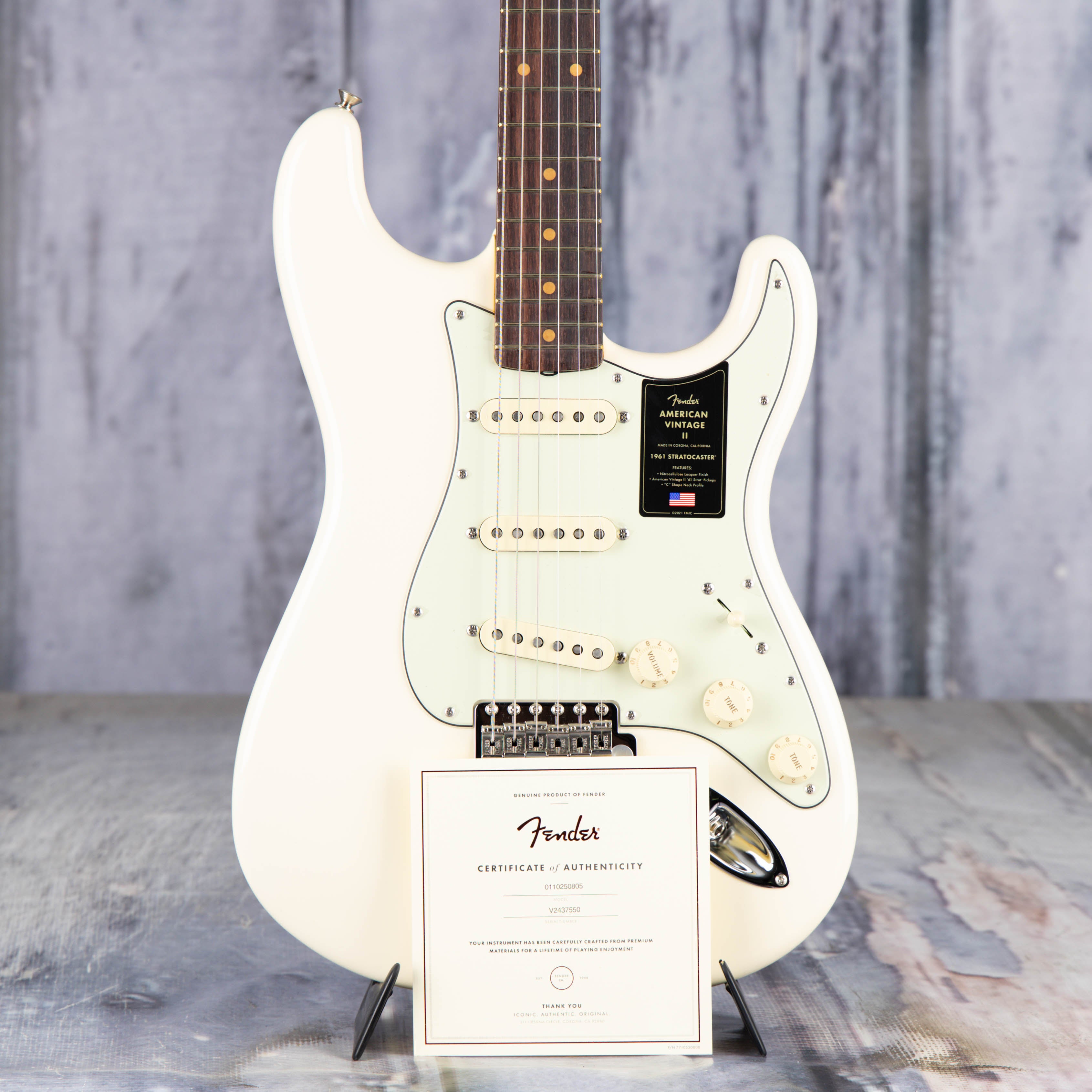 Fender American Vintage II 1961 Stratocaster Electric Guitar, Olympic White, coa