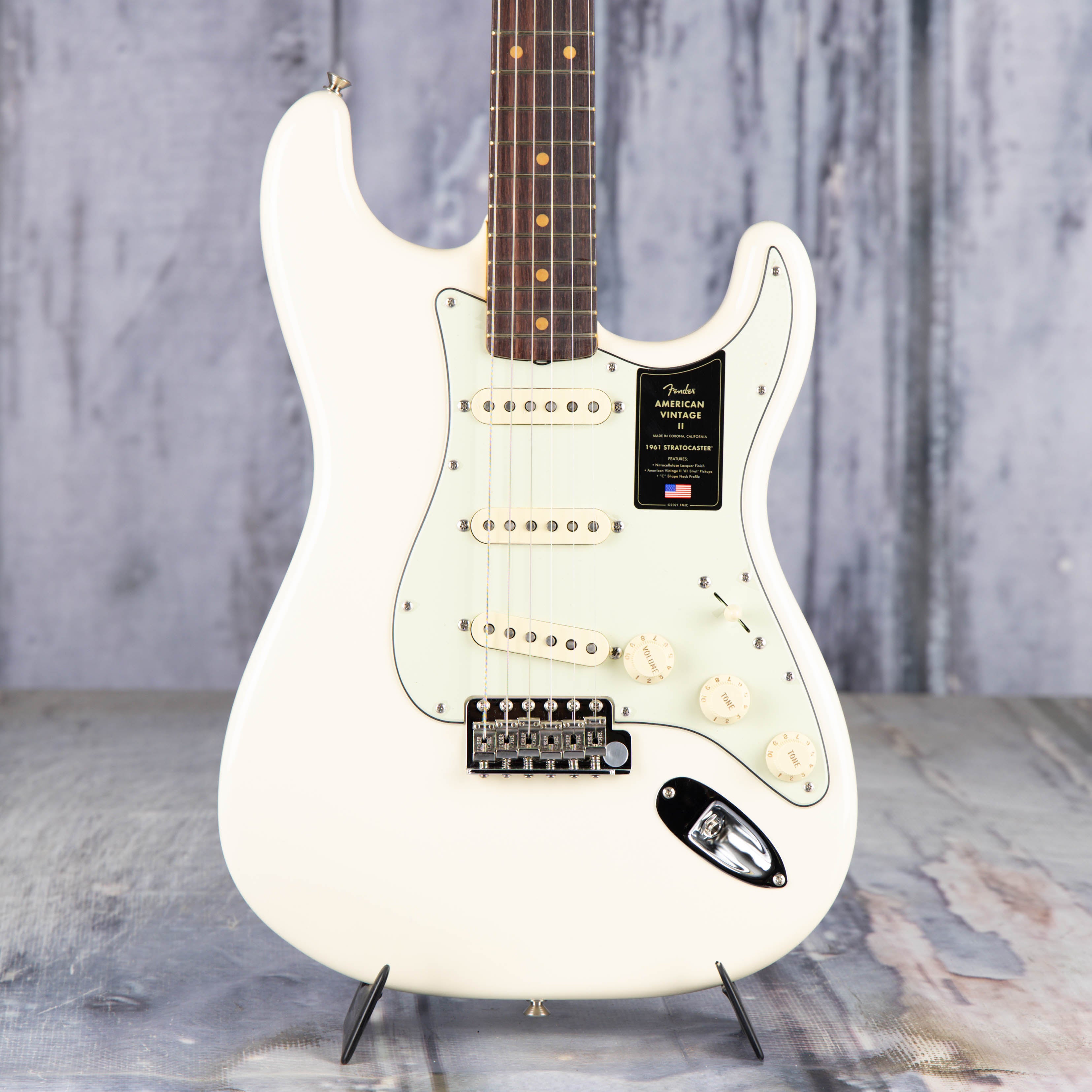 Fender American Vintage II 1961 Stratocaster Electric Guitar, Olympic White, front closeup