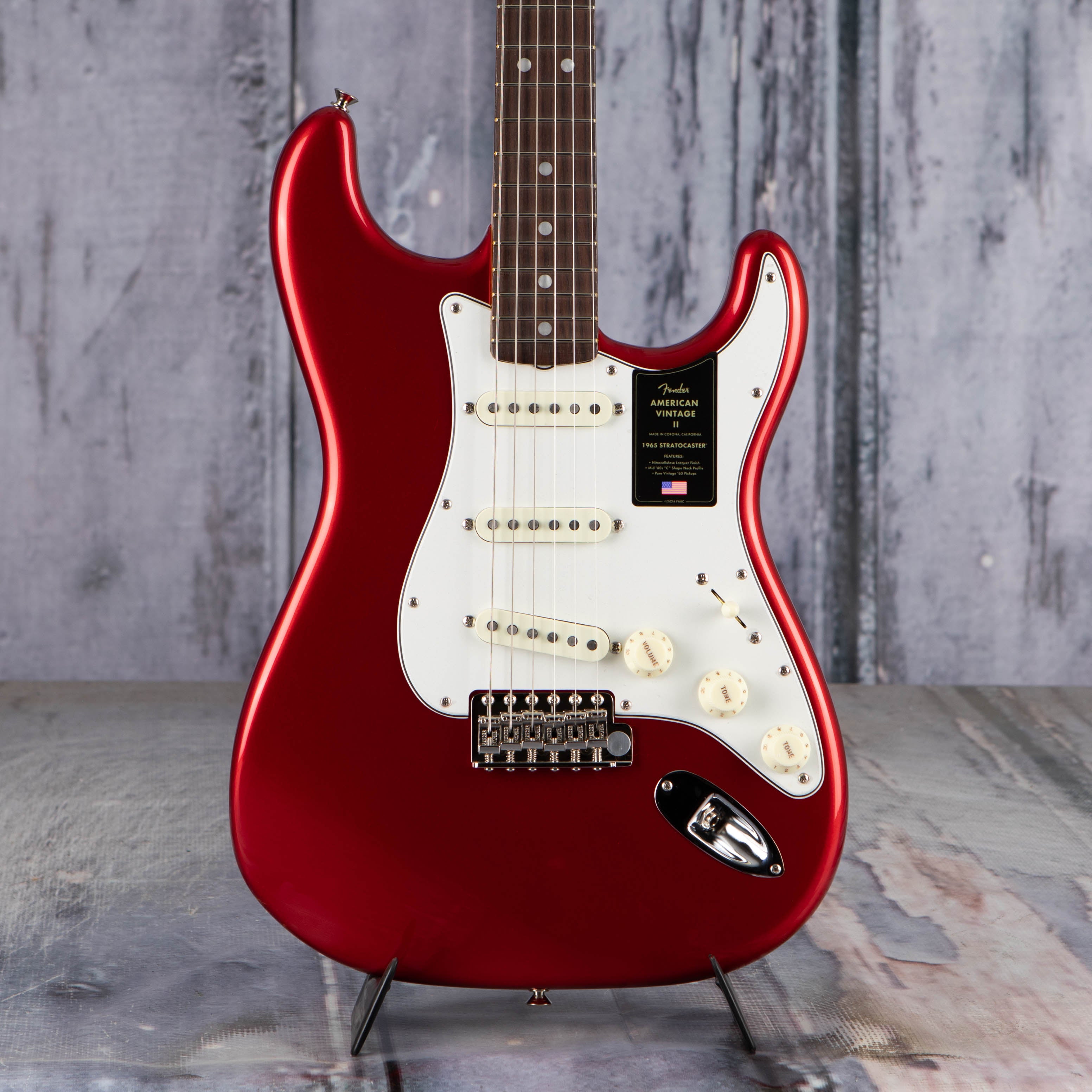 Fender American Vintage II 1965 Stratocaster Electric Guitar, Candy Apple Red, front closeup