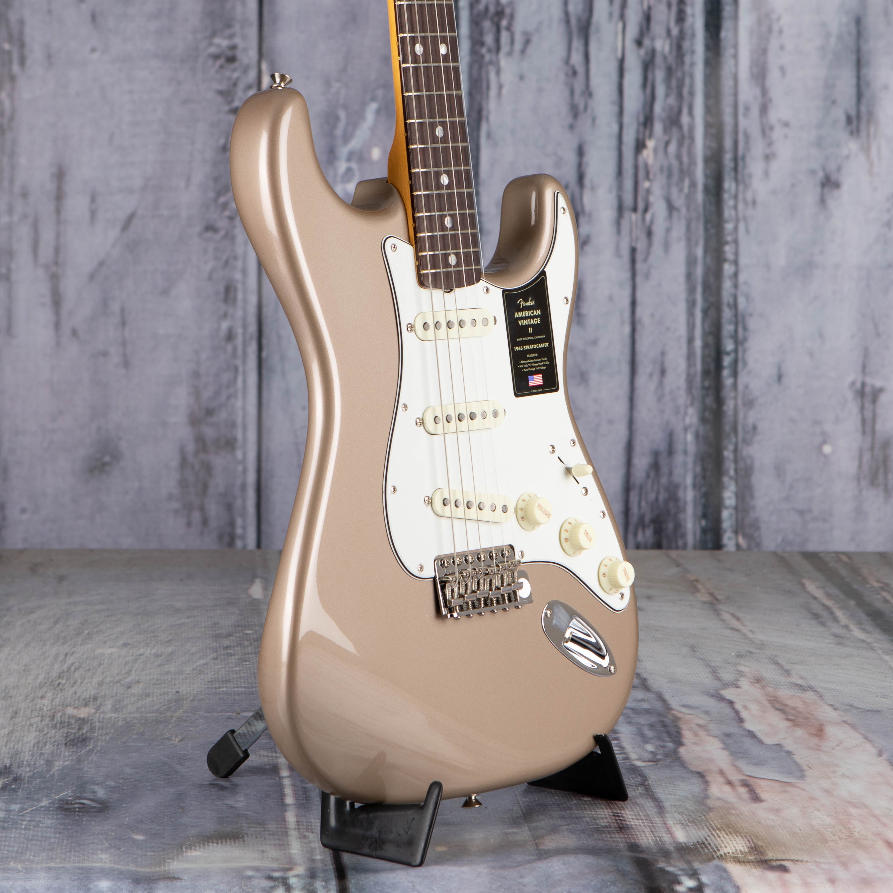 Fender American Vintage II 1965 Stratocaster Electric Guitar, Shoreline Gold, angle