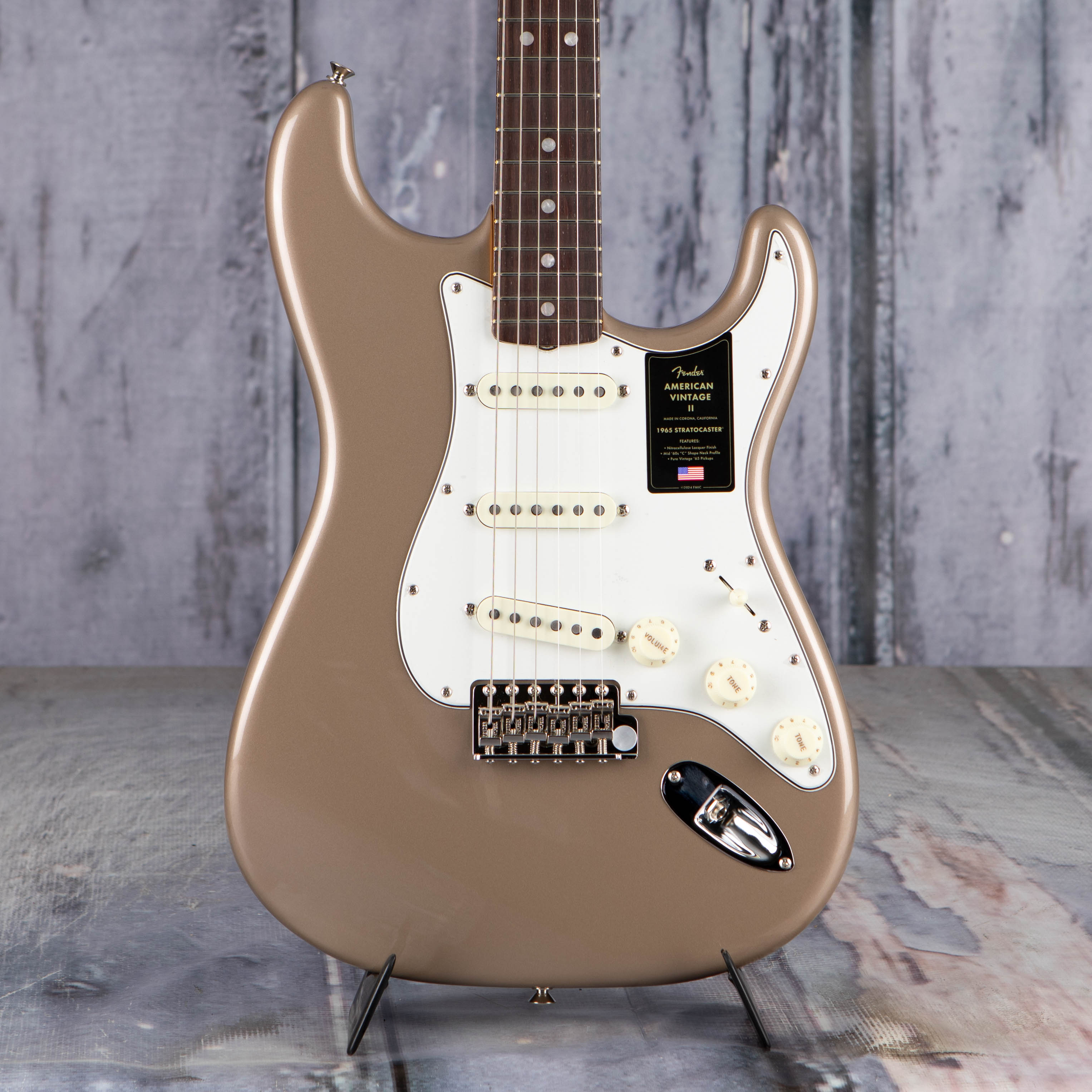 Fender American Vintage II 1965 Stratocaster Electric Guitar, Shoreline Gold, front closeup