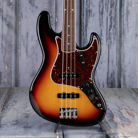 Fender American Vintage II 1966 Jazz Bass Guitar, 3-Color Sunburst, front closeup