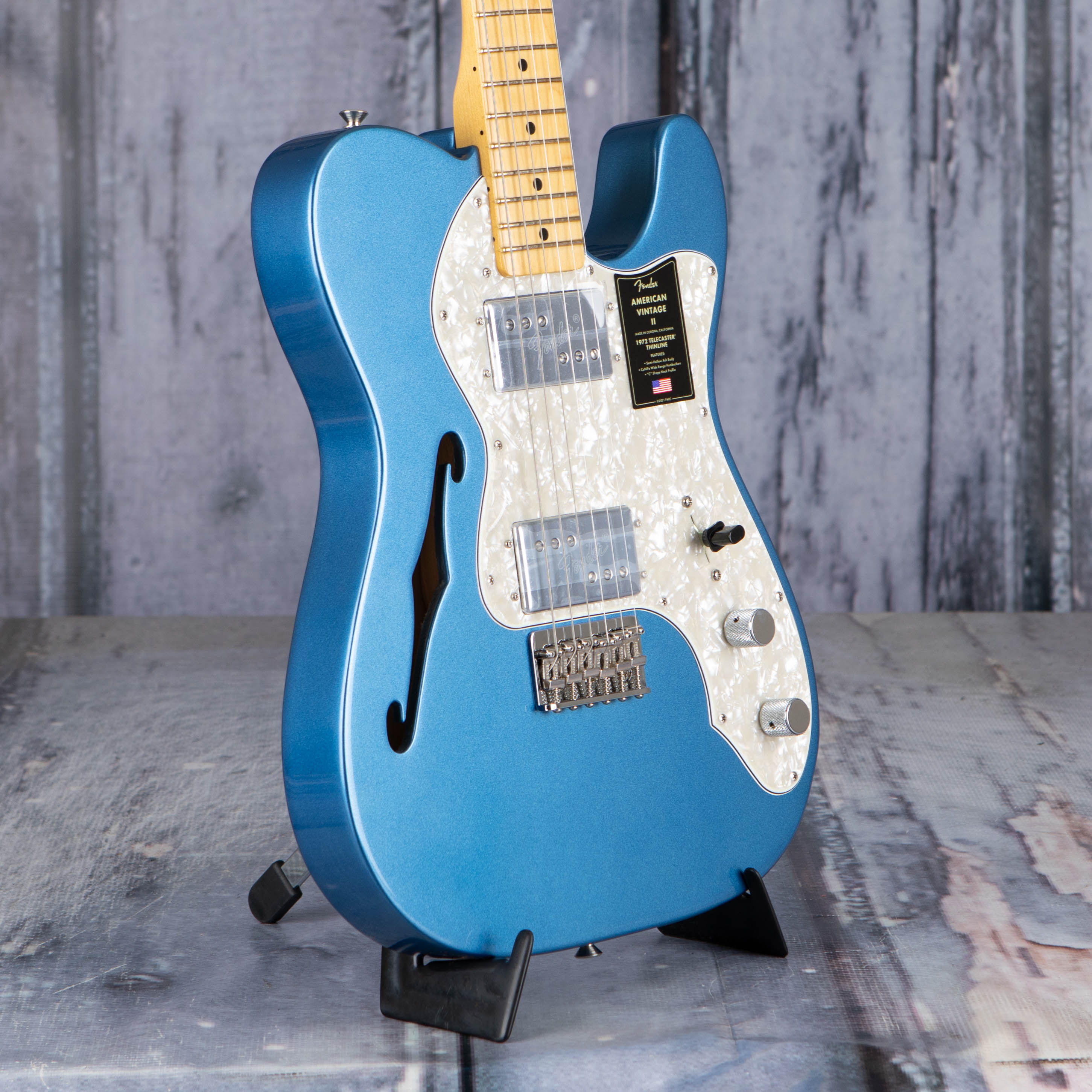 Fender American Vintage II 1972 Telecaster Thinline Semi-Hollowbody Guitar, Lake Placid Blue, angle