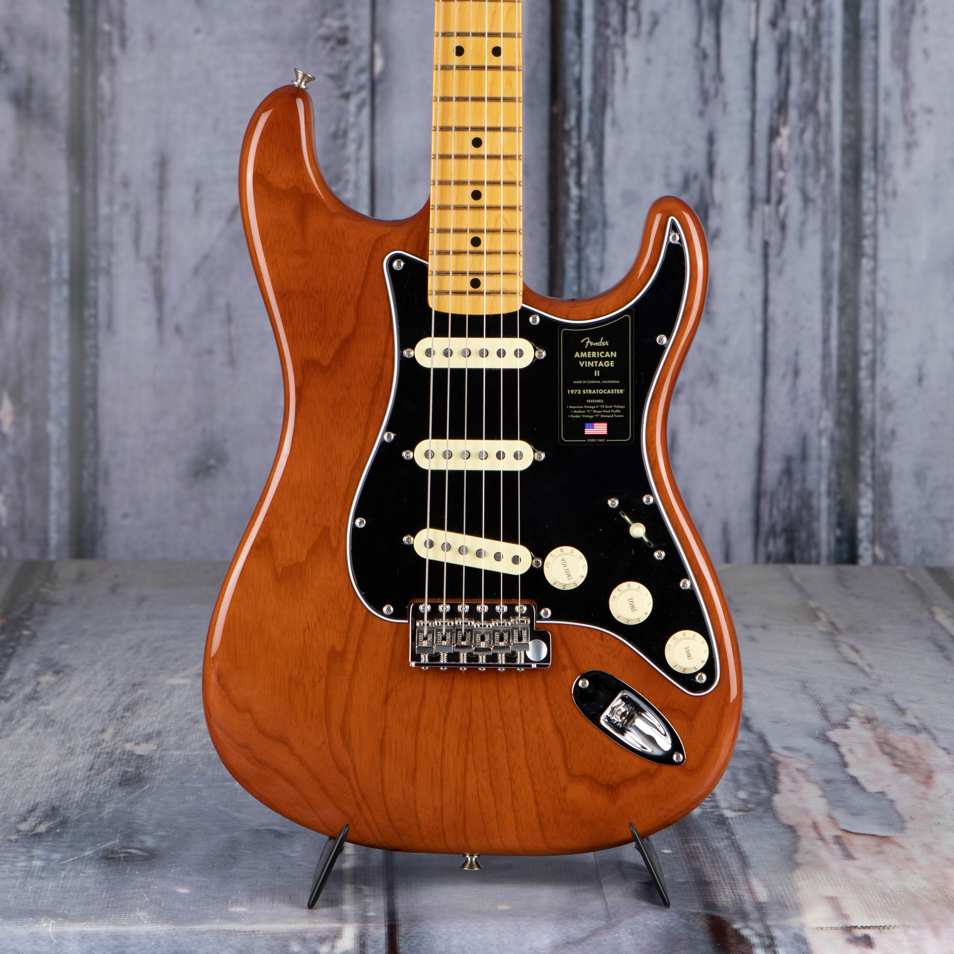 Fender American Vintage II 1973 Stratocaster Electric Guitar, Mocha, front closeup