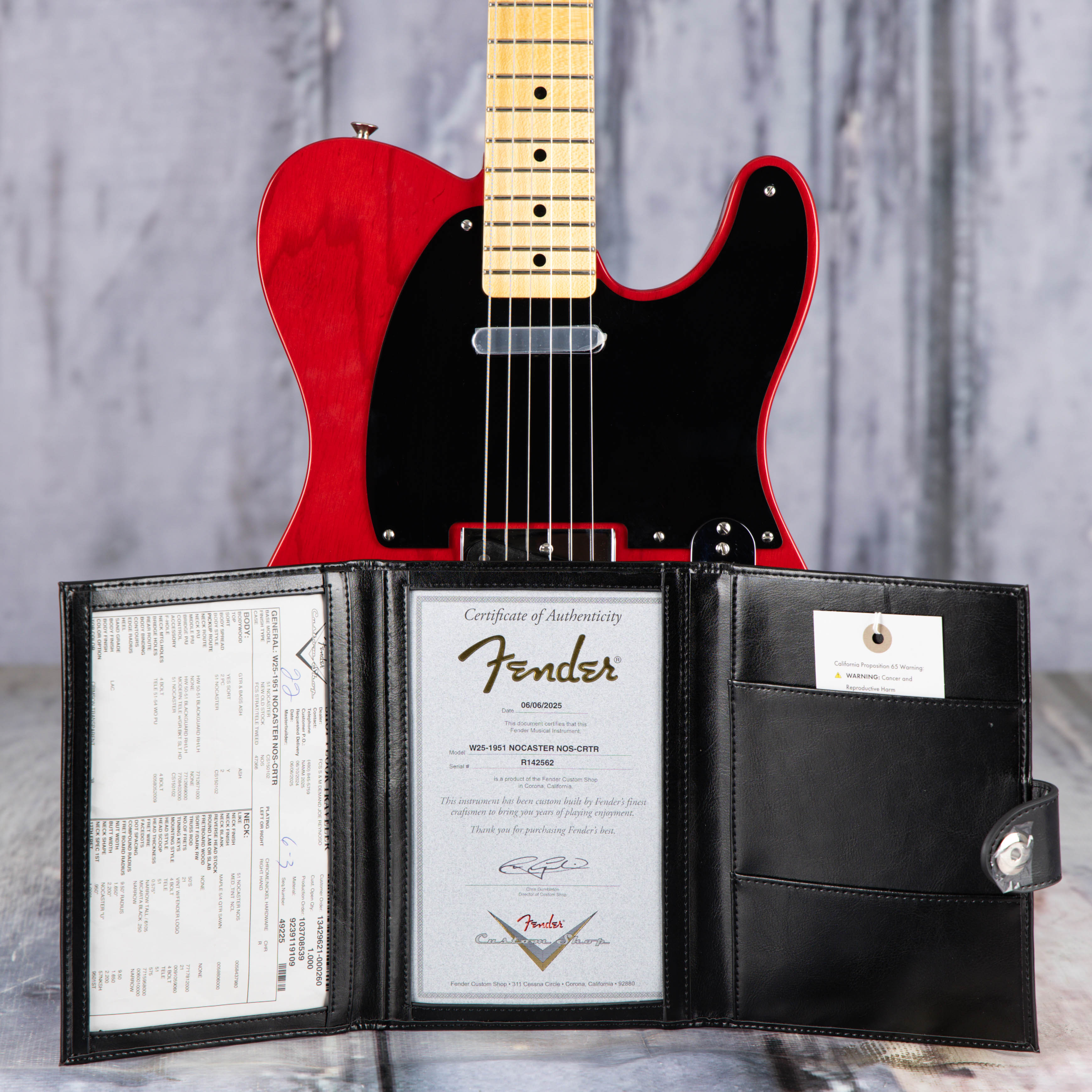 Fender Custom Shop 1951 Nocaster NOS Electric Guitar, Crimson Red Transparent, coa