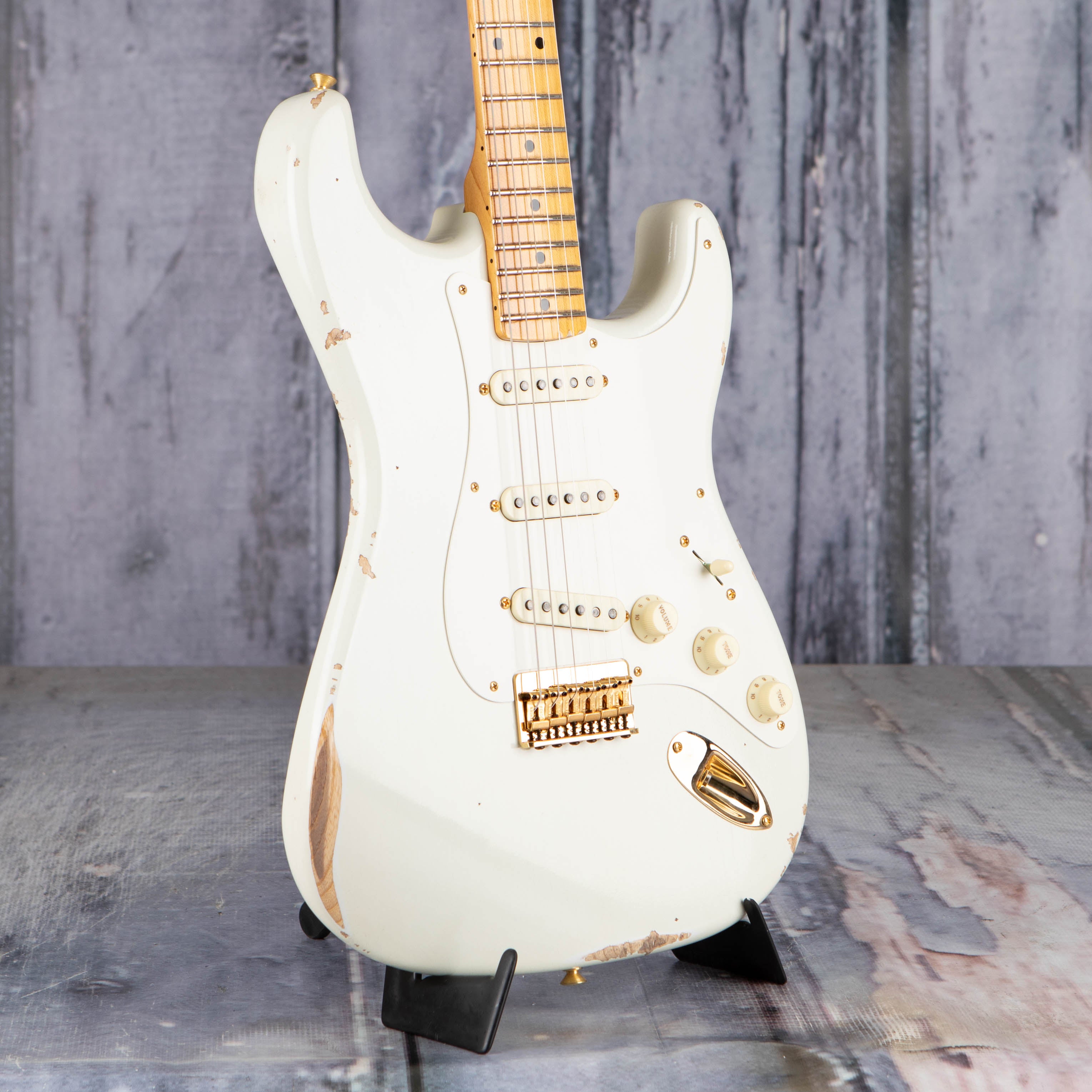 Fender Custom Shop 1956 Stratocaster Hardtail Gold Hardware Relic/Closet Classic Electric Guitar, Aged Olympic White, angle