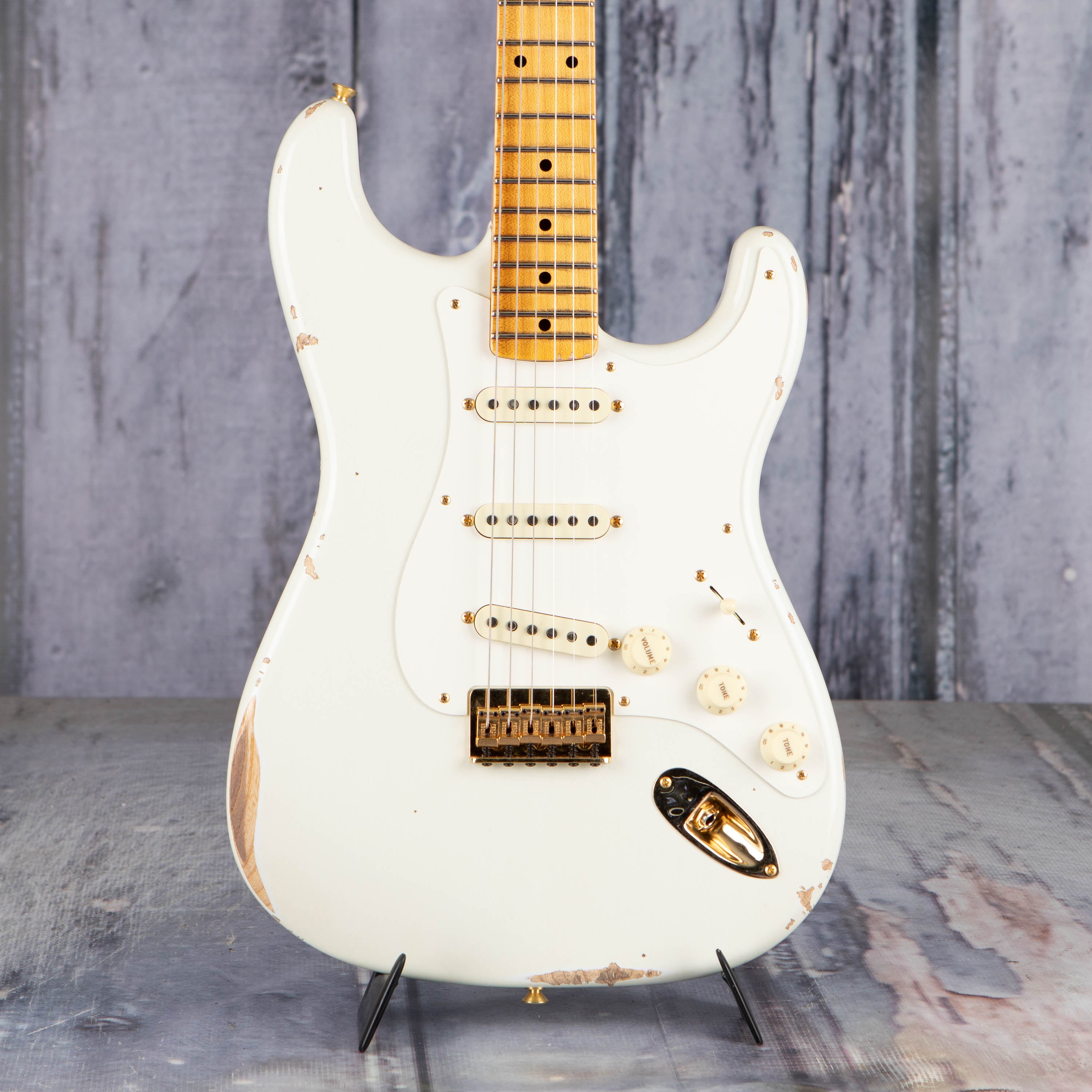 Fender Custom Shop 1956 Stratocaster Hardtail Gold Hardware Relic/Closet Classic Electric Guitar, Aged Olympic White, front closeup