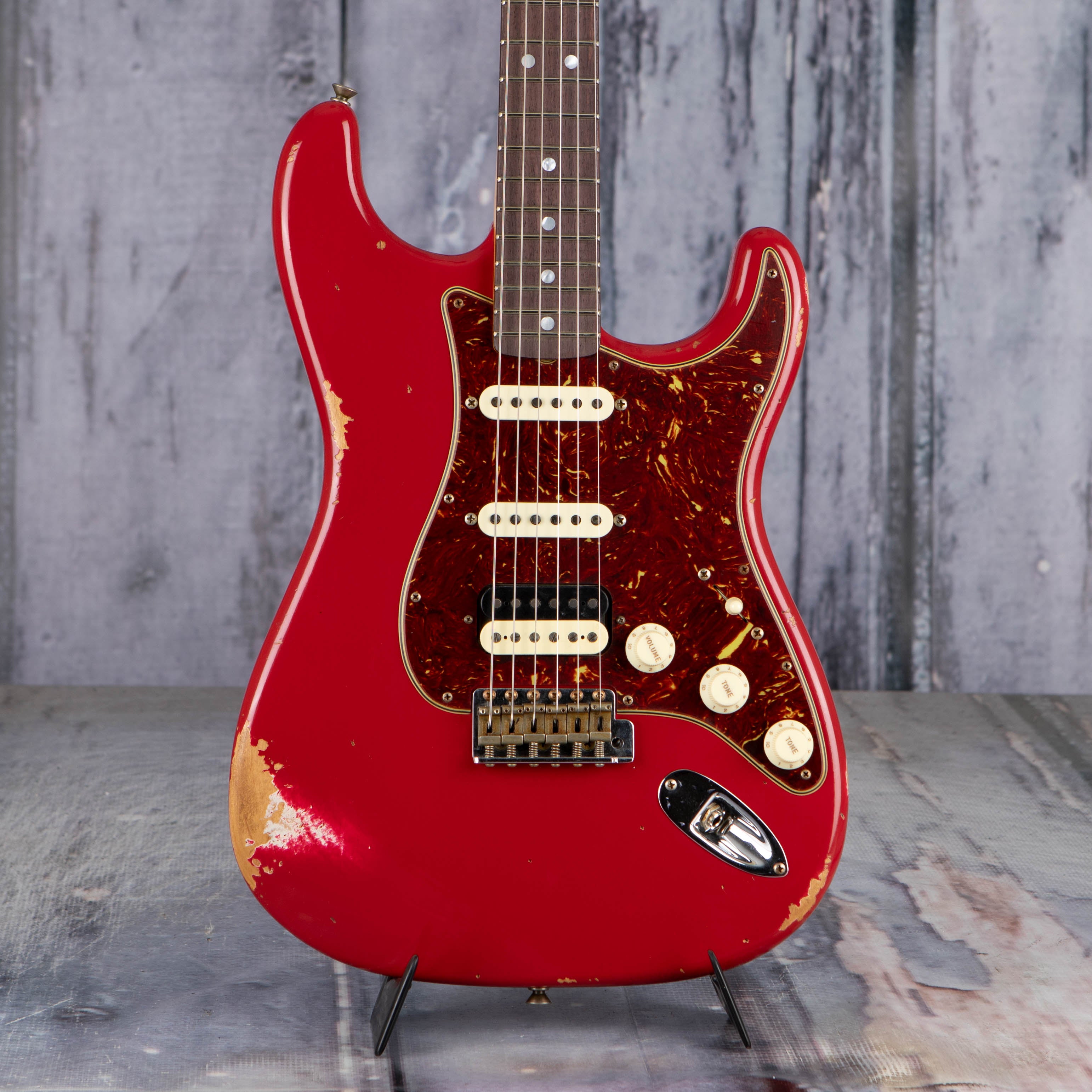 Fender Custom Shop 1967 Stratocaster HSS Relic Electric Guitar, Aged Dakota Red, front closeup