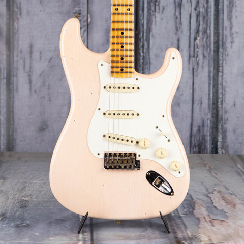 Fender Custom Shop Limited 1956 Stratocaster Journeyman Relic Electric Guitar, Super Faded Aged Shell Pink, front closeup