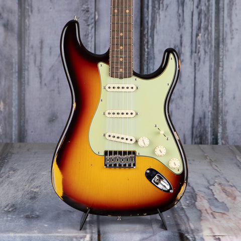 Fender Custom Shop Limited 1959 Stratocaster Hardtail Relic Closet Classic Electric Guitar, Chocolate 3-Color Sunburst, front closeup