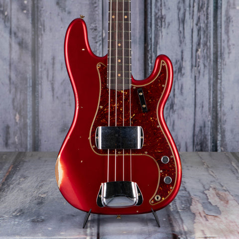 Fender Custom Shop Limited 1962 Precision Bass Relic Electric Bass Guitar, Aged Candy Apple Red, front closeup