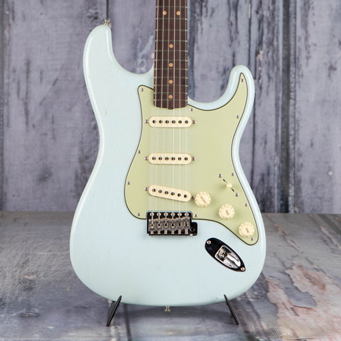Fender Custom Shop Limited 1963 Stratocaster Journeyman Relic Closet Classic Electric Guitar, Aged Sonic Blue, front closeup