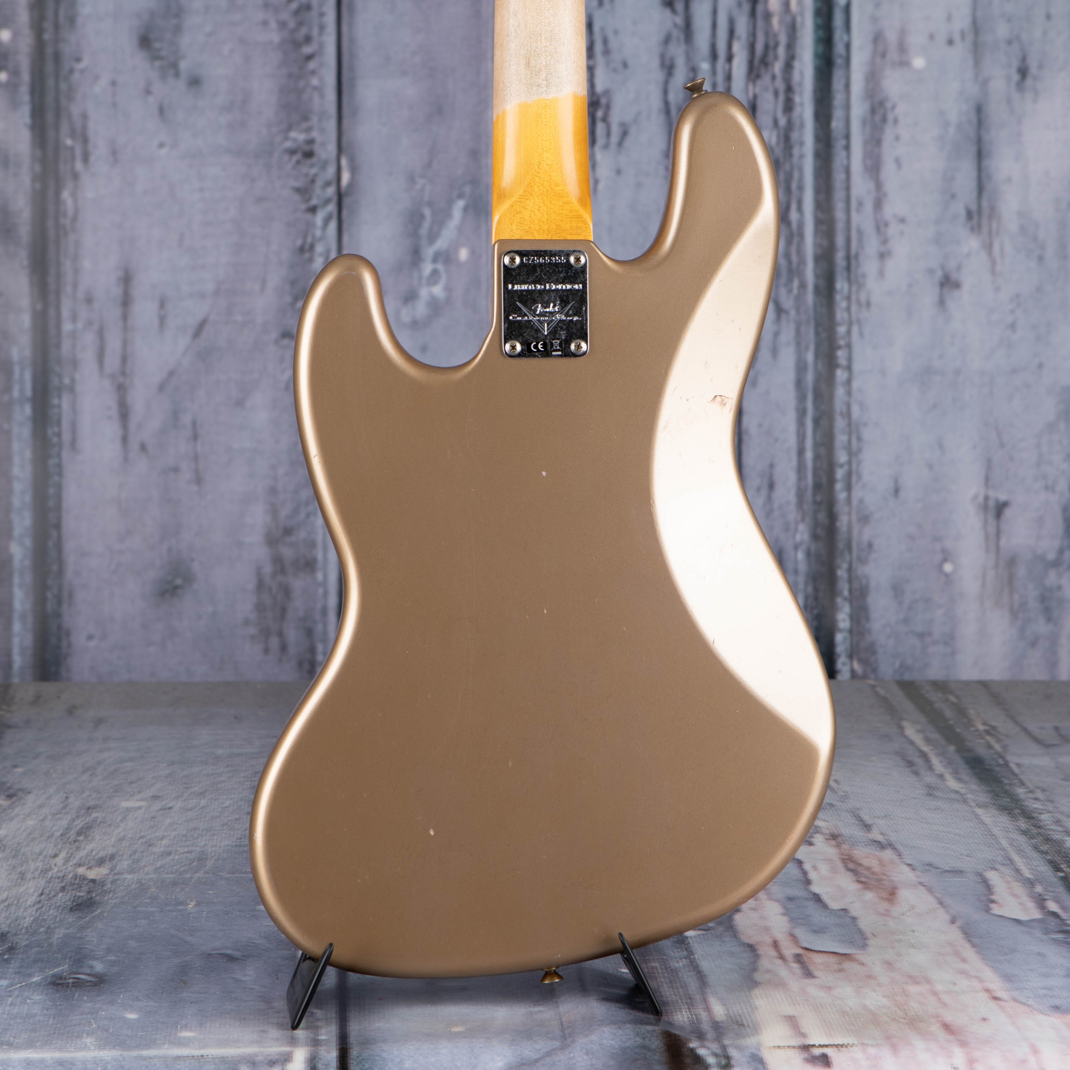 Fender Custom Shop Limited Edition 1964 Jazz Bass Journeyman Relic Electric Bass Guitar, Aged Shoreline Gold, back closeup