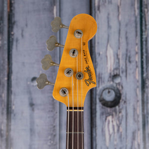 Fender Custom Shop Limited Edition 1964 Jazz Bass Journeyman Relic Electric Bass Guitar, Aged Shoreline Gold, front headstock