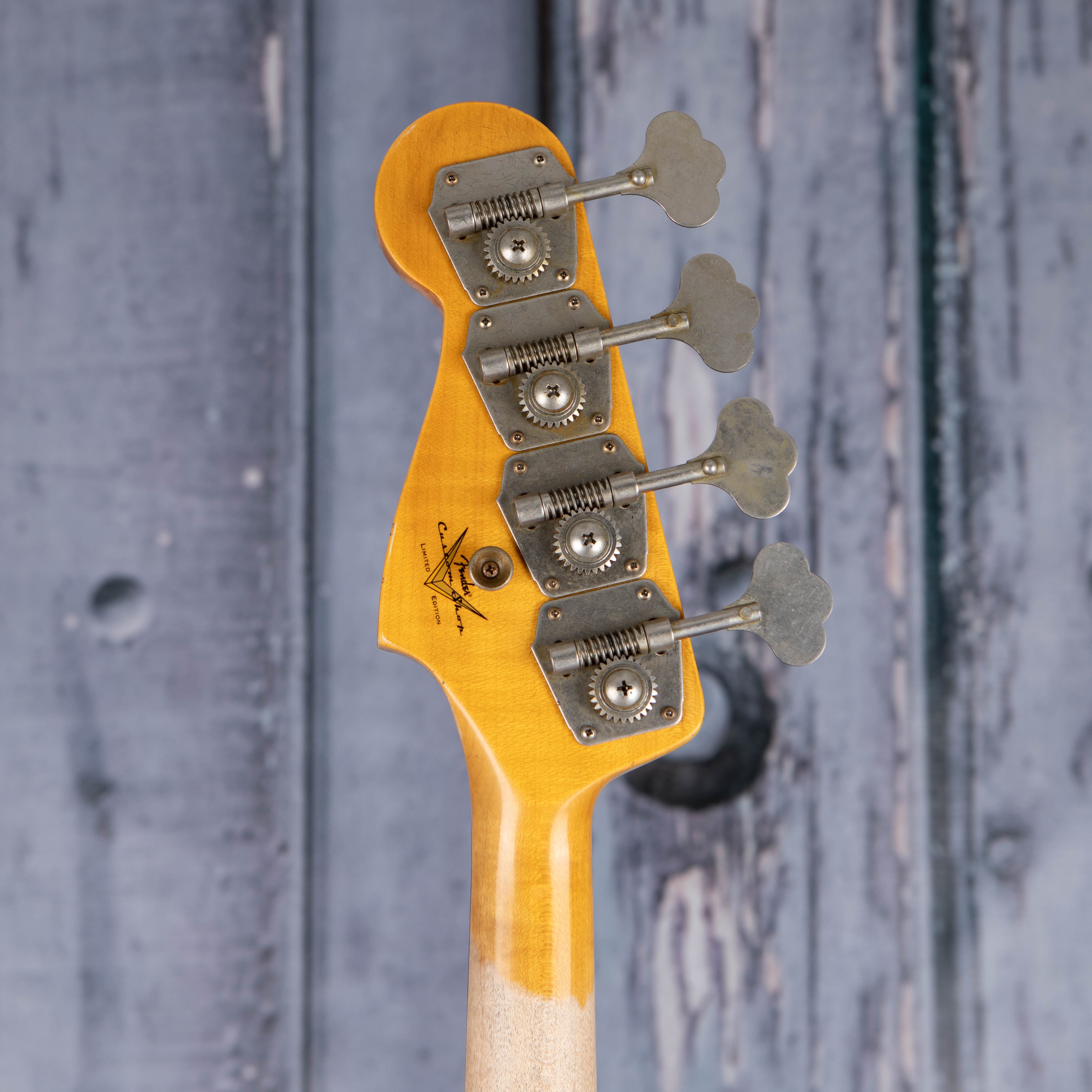 Fender Custom Shop Limited Edition 1964 Jazz Bass Journeyman Relic Electric Bass Guitar, Aged Shoreline Gold, back headstock
