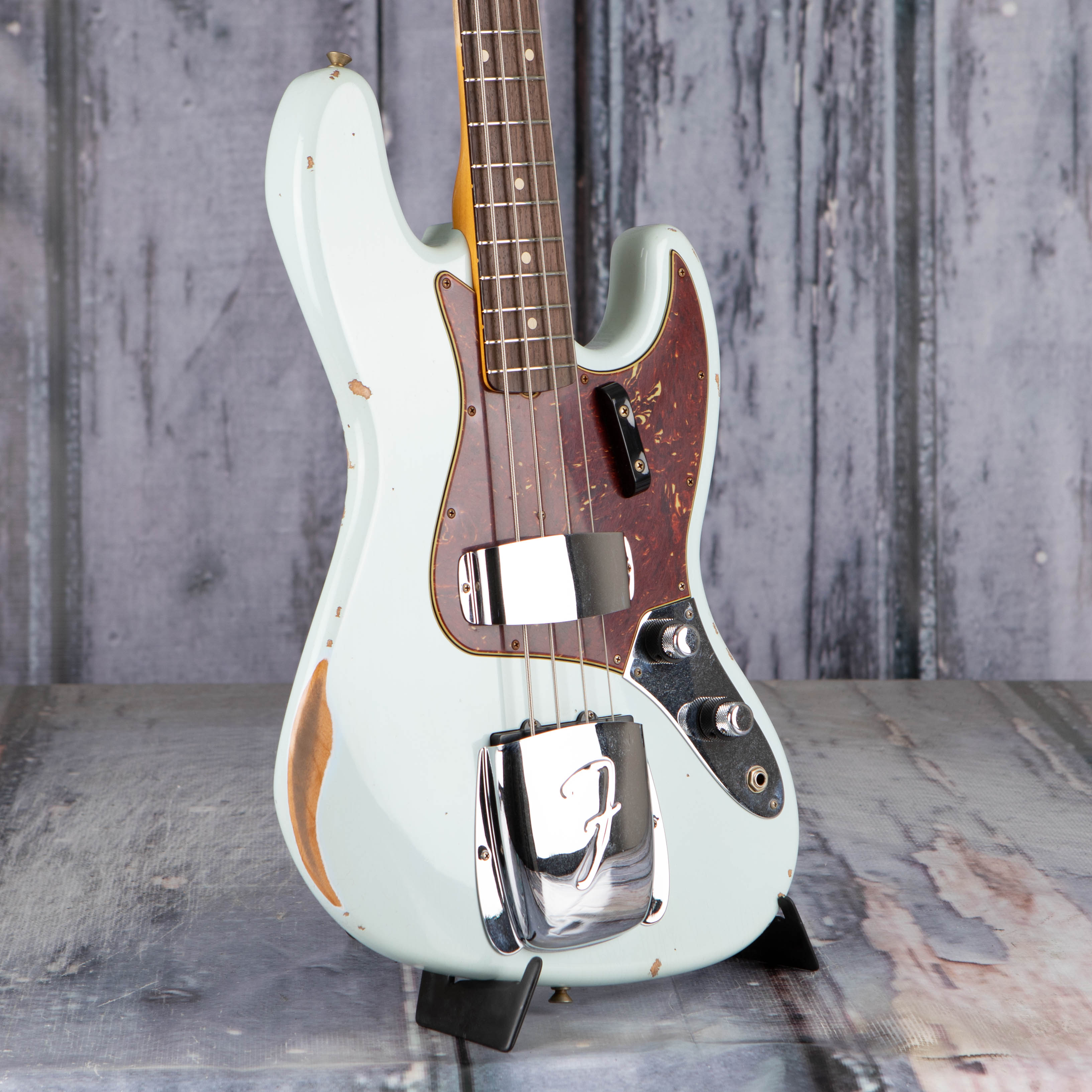 Fender Custom Shop Limited Edition 1960 Jazz Bass Relic Electric Bass Guitar, Super Faded Aged Sonic Blue, angle