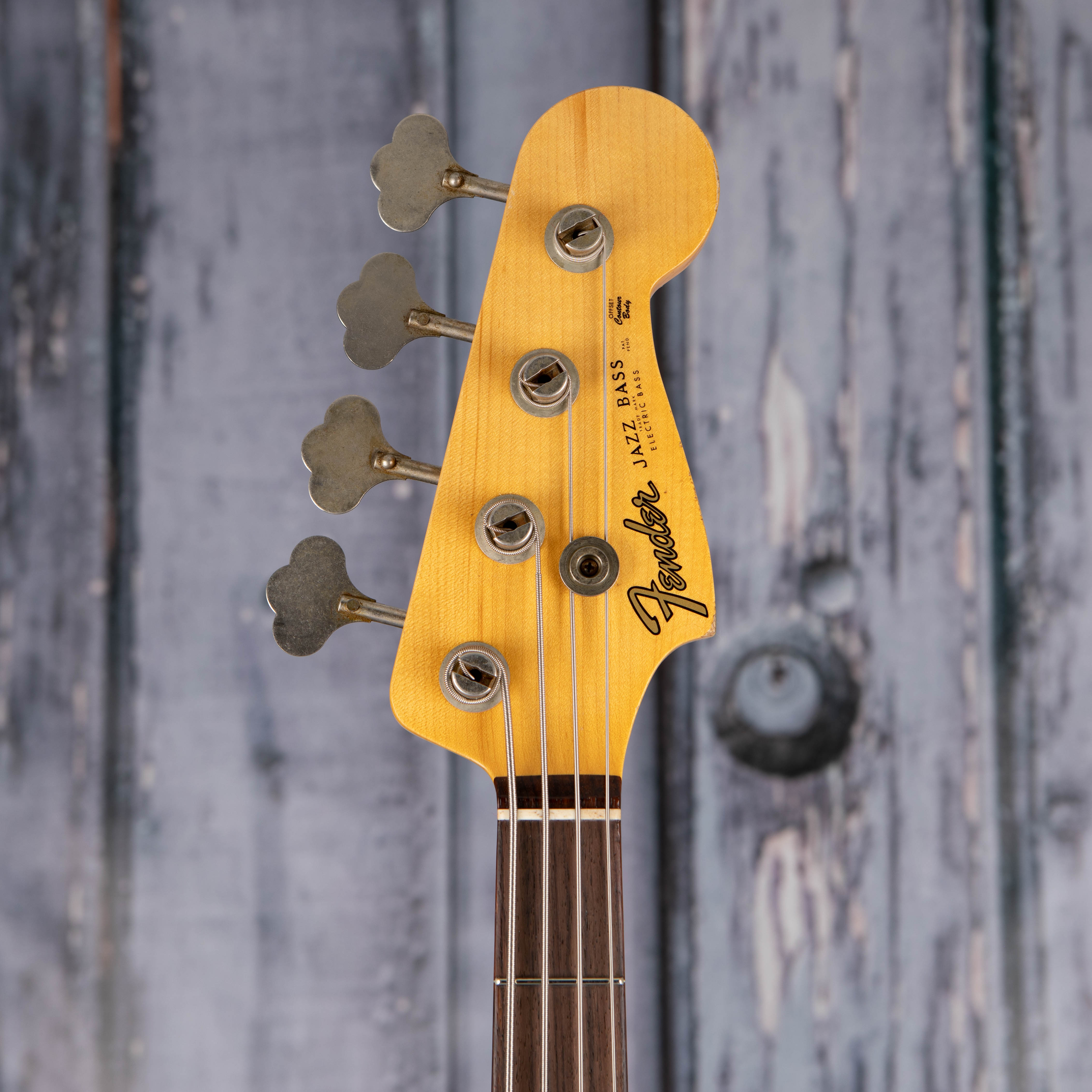 Fender Custom Shop Limited Edition 1960 Jazz Bass Relic Electric Bass Guitar, Super Faded Aged Sonic Blue, front headstock
