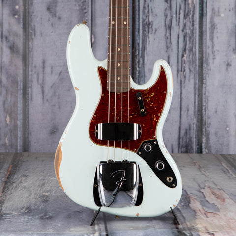 Fender Custom Shop Limited Edition 1960 Jazz Bass Relic Electric Bass Guitar, Super Faded Aged Sonic Blue, front closeup